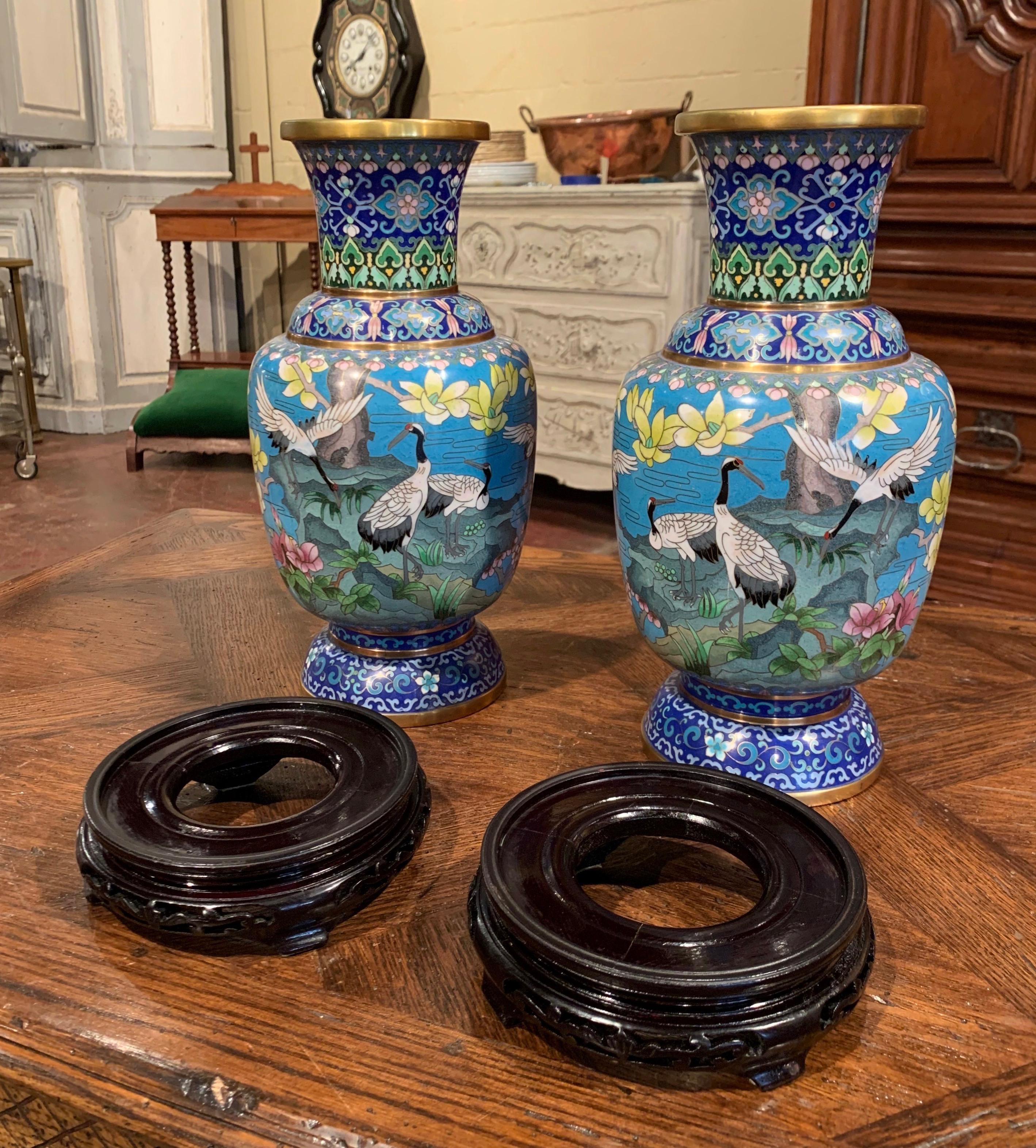 Pair of 20th Century Chinese Champlevé Enamel Vases on Stand with Bird Decor 6