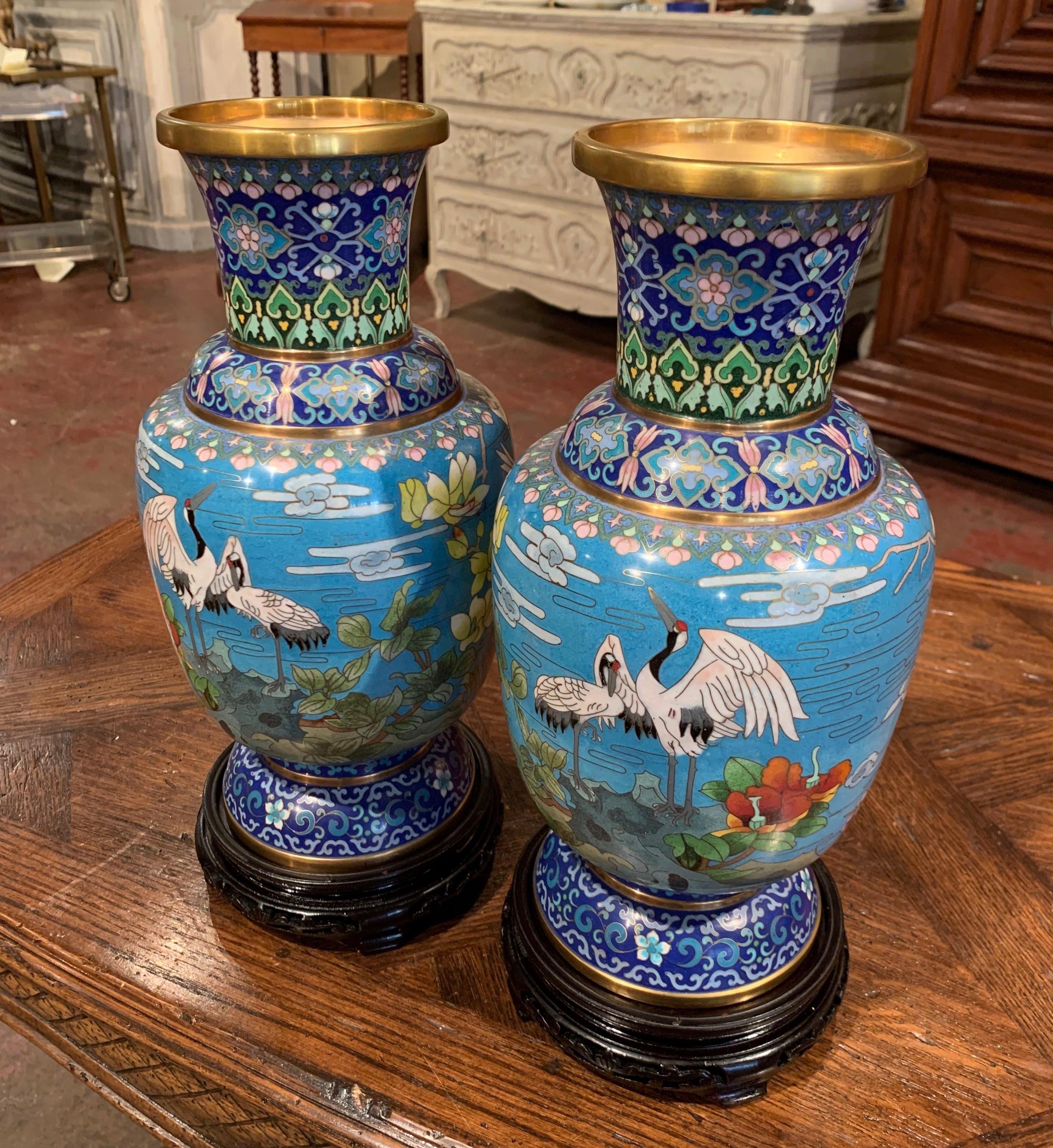 Cloissoné Pair of 20th Century Chinese Champlevé Enamel Vases on Stand with Bird Decor