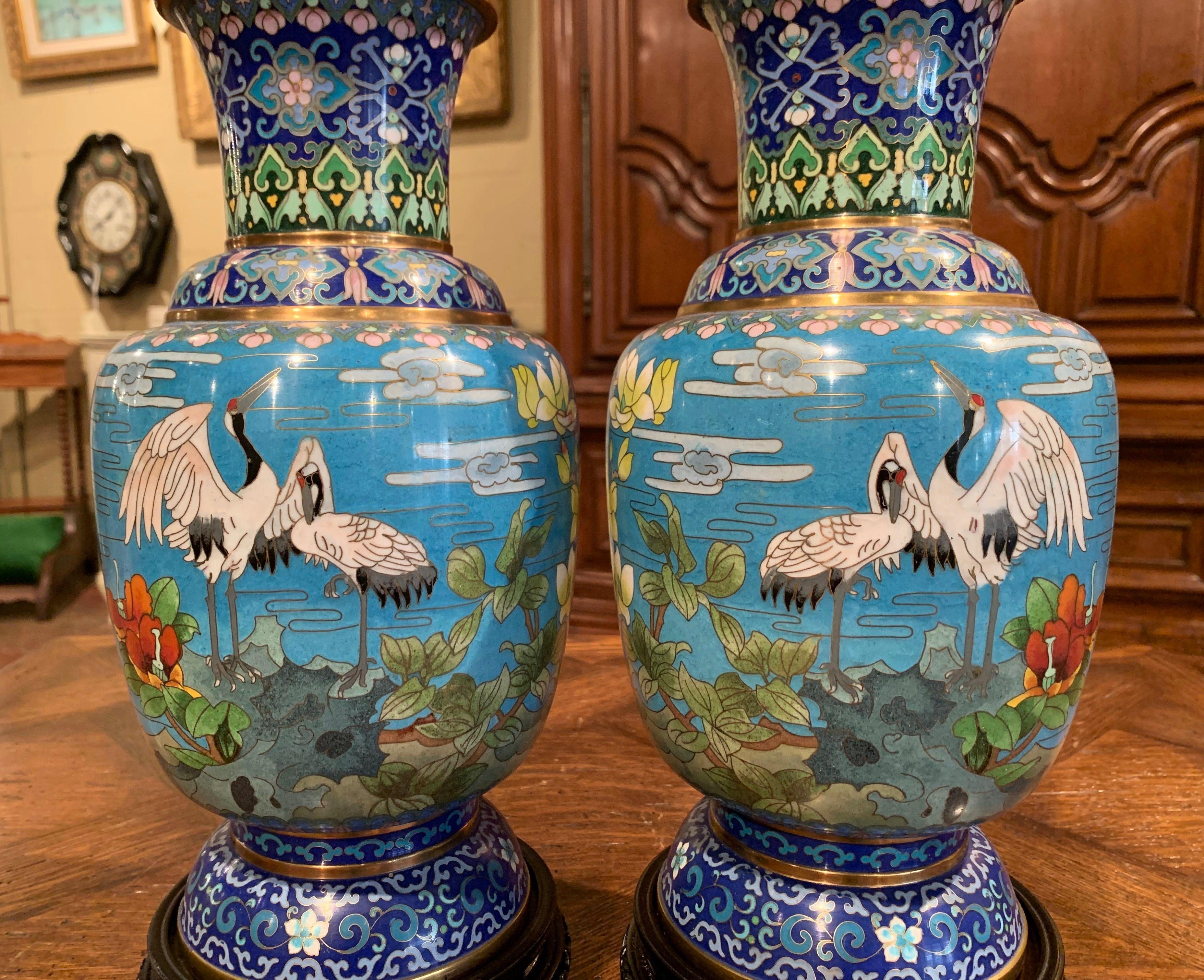 Brass Pair of 20th Century Chinese Champlevé Enamel Vases on Stand with Bird Decor