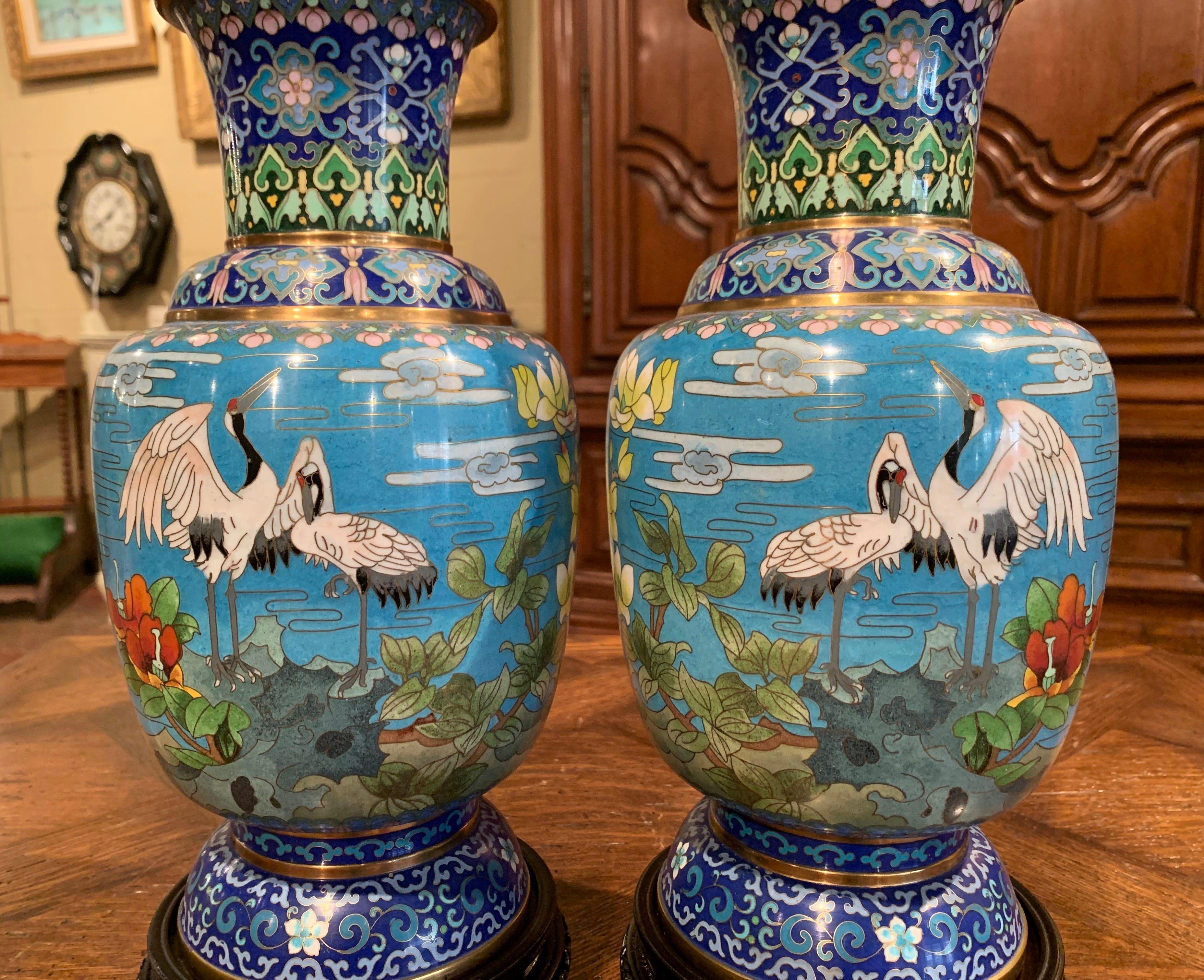 Pair of 20th Century Chinese Champlevé Enamel Vases on Stand with Bird Decor In Excellent Condition In Dallas, TX