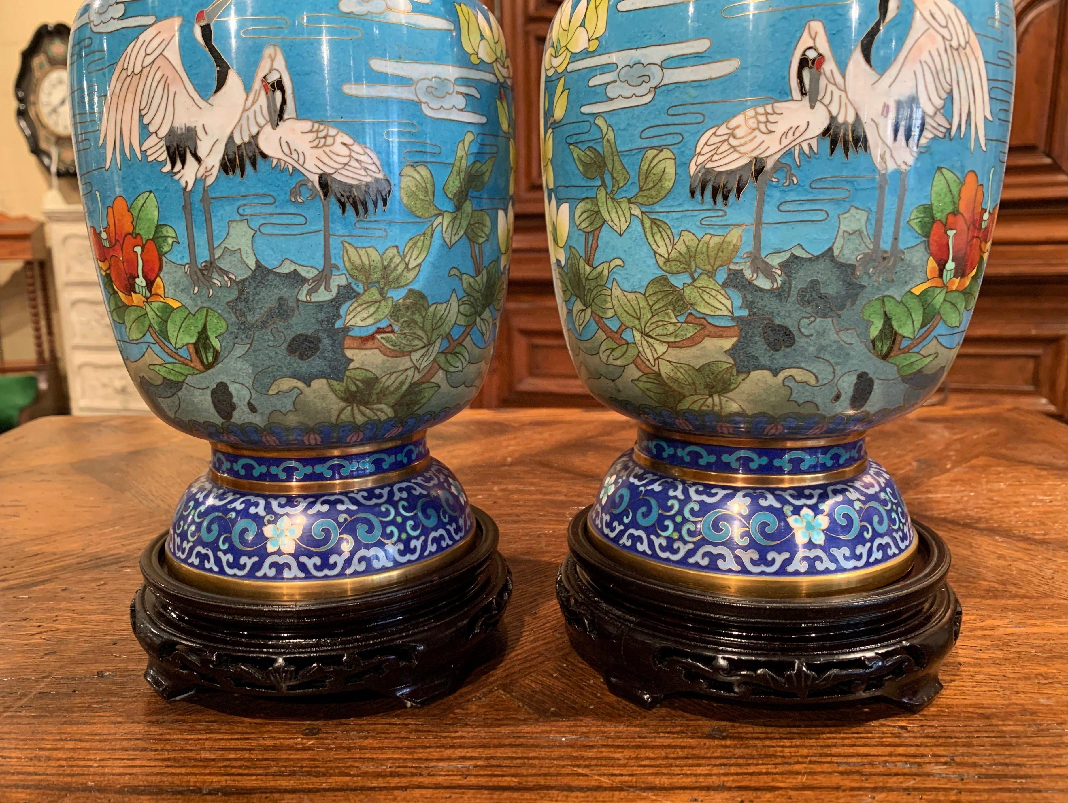 Brass Pair of 20th Century Chinese Champlevé Enamel Vases on Stand with Bird Decor
