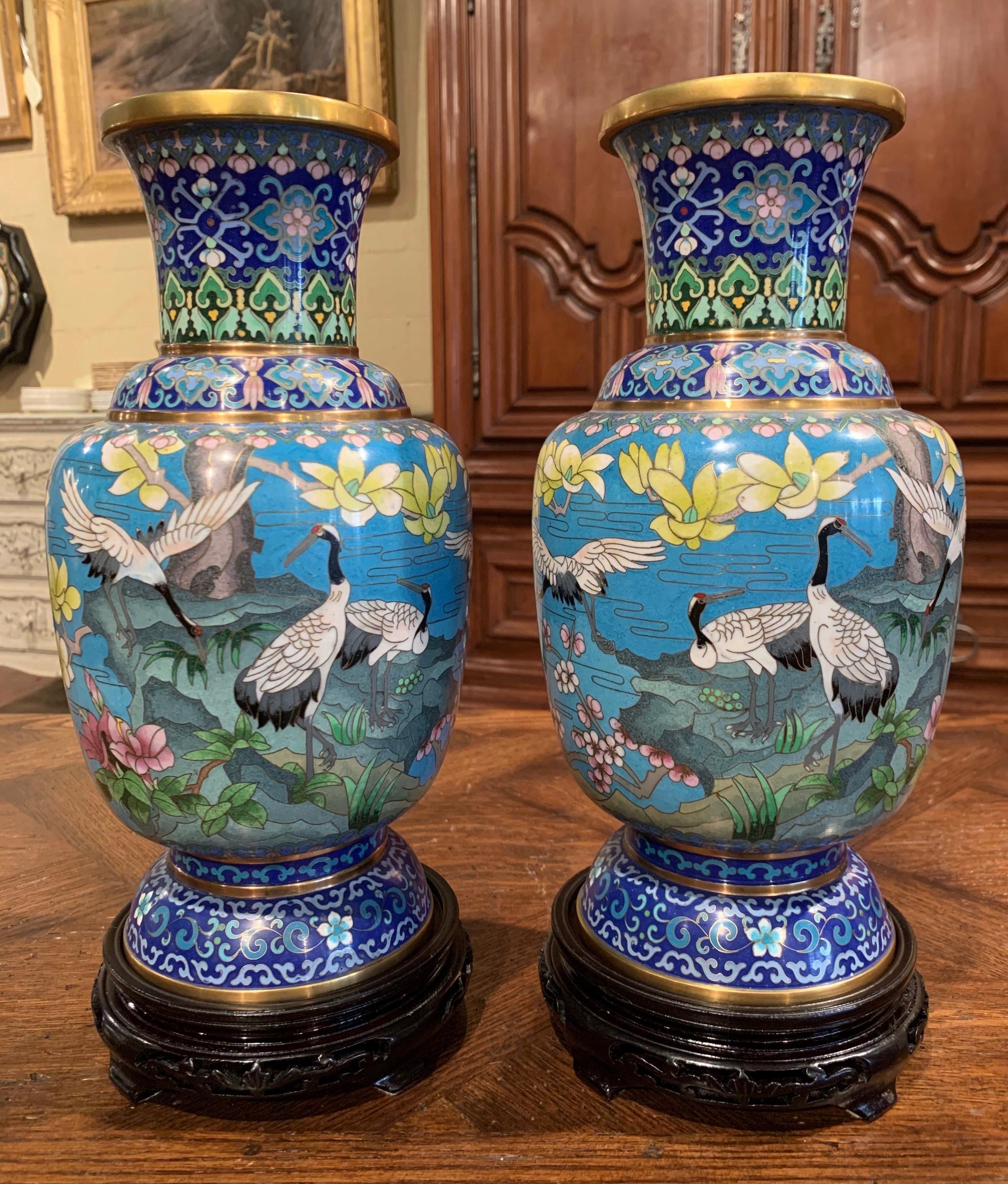 Pair of 20th Century Chinese Champlevé Enamel Vases on Stand with Bird Decor 2