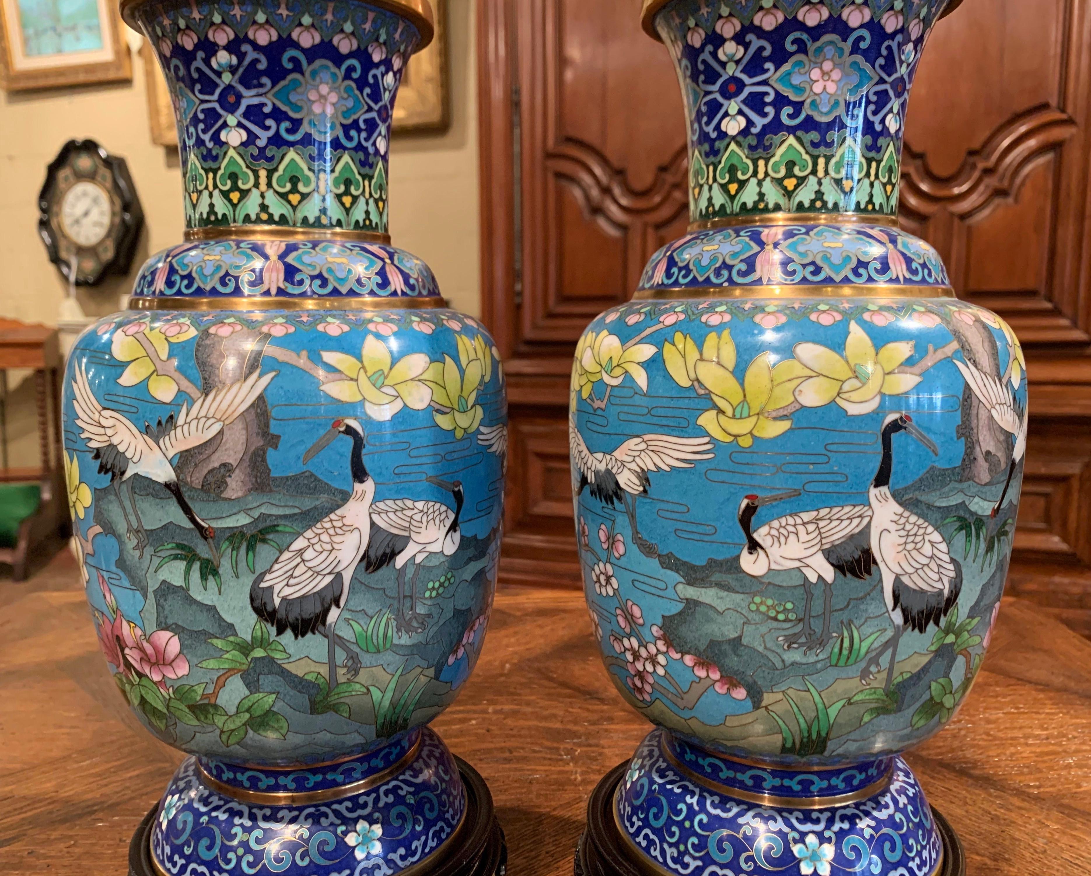 Pair of 20th Century Chinese Champlevé Enamel Vases on Stand with Bird Decor 3