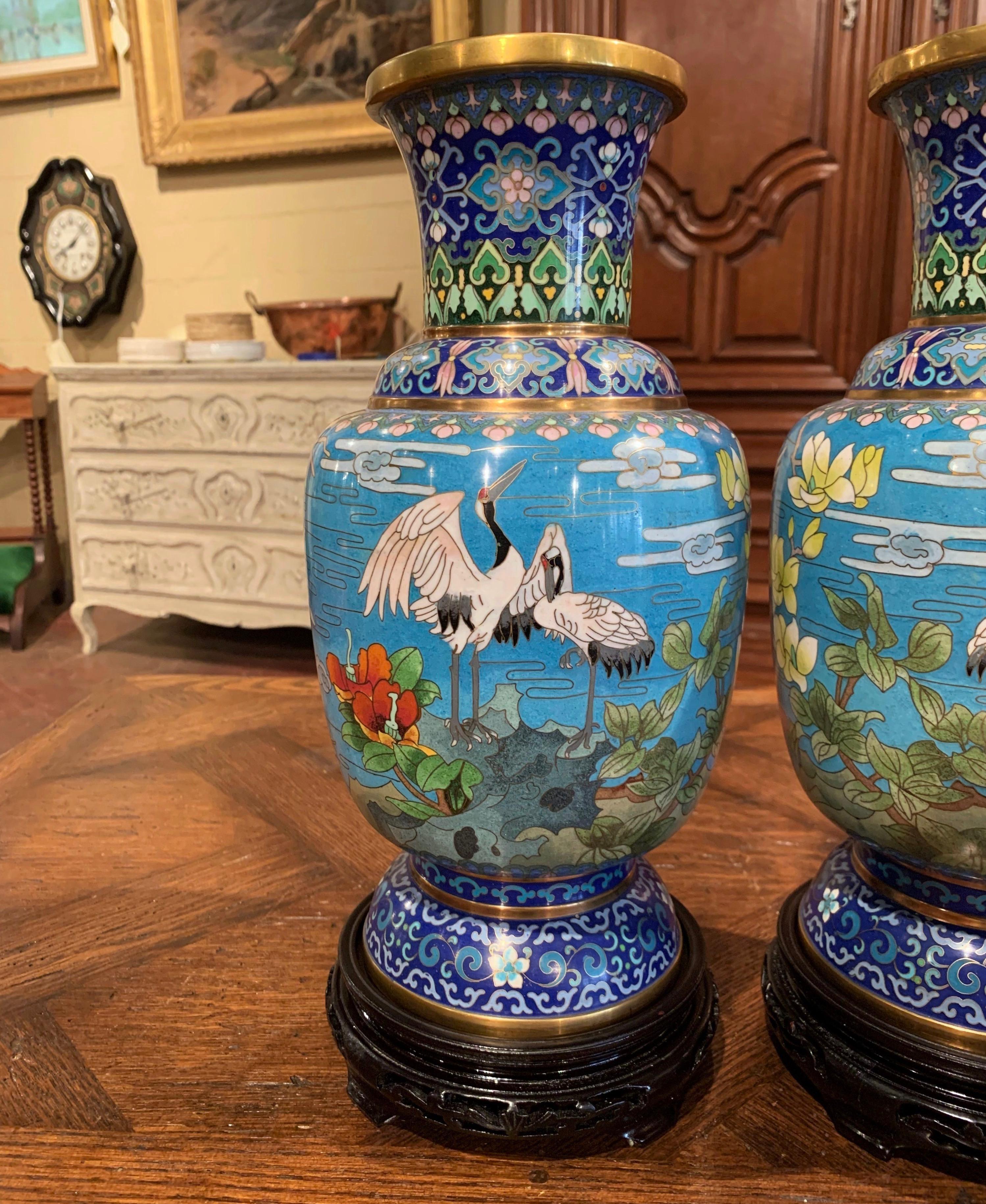 Pair of 20th Century Chinese Champlevé Enamel Vases on Stand with Bird Decor 5
