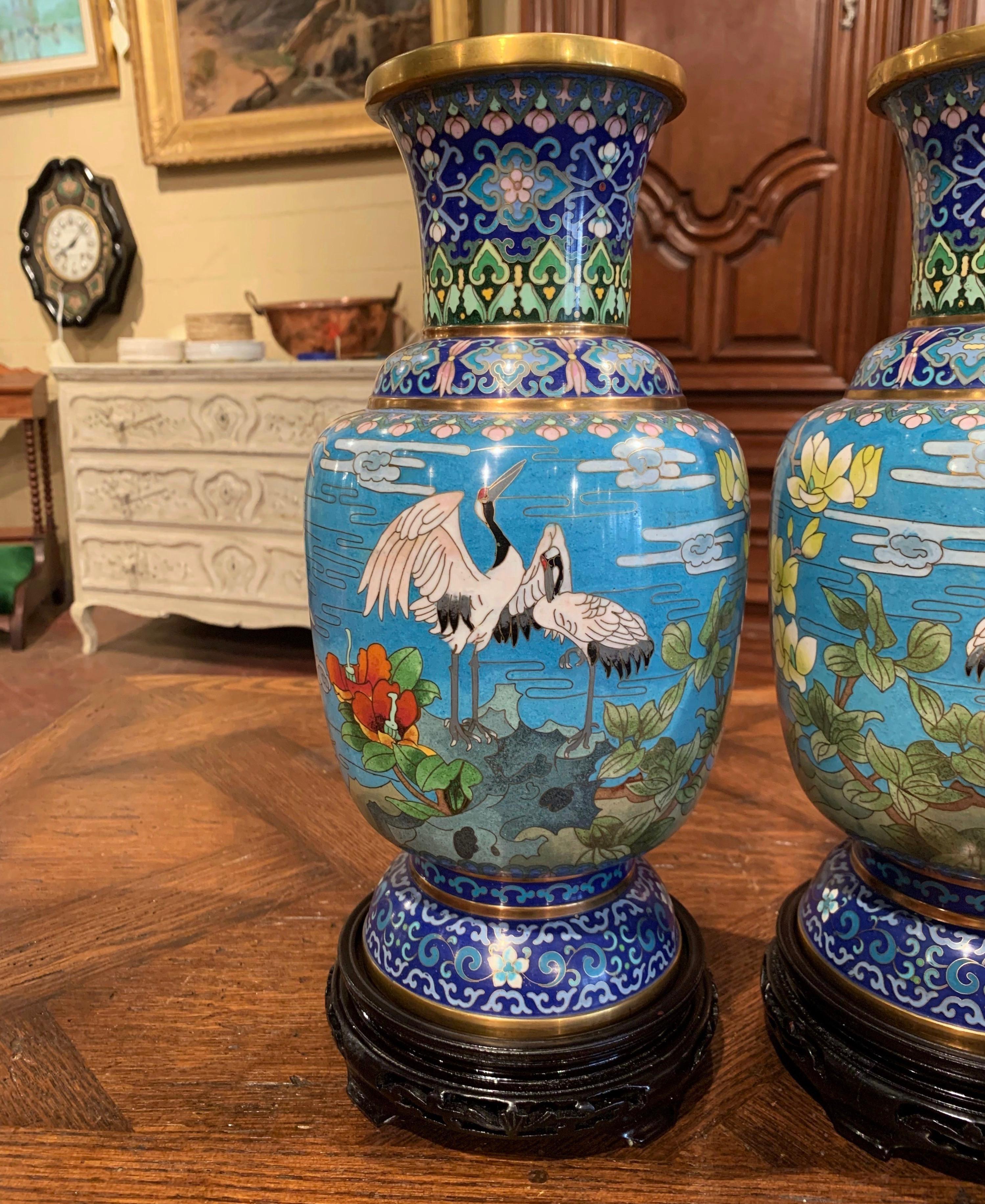 Pair of 20th Century Chinese Champlevé Enamel Vases on Stand with Bird Decor 4