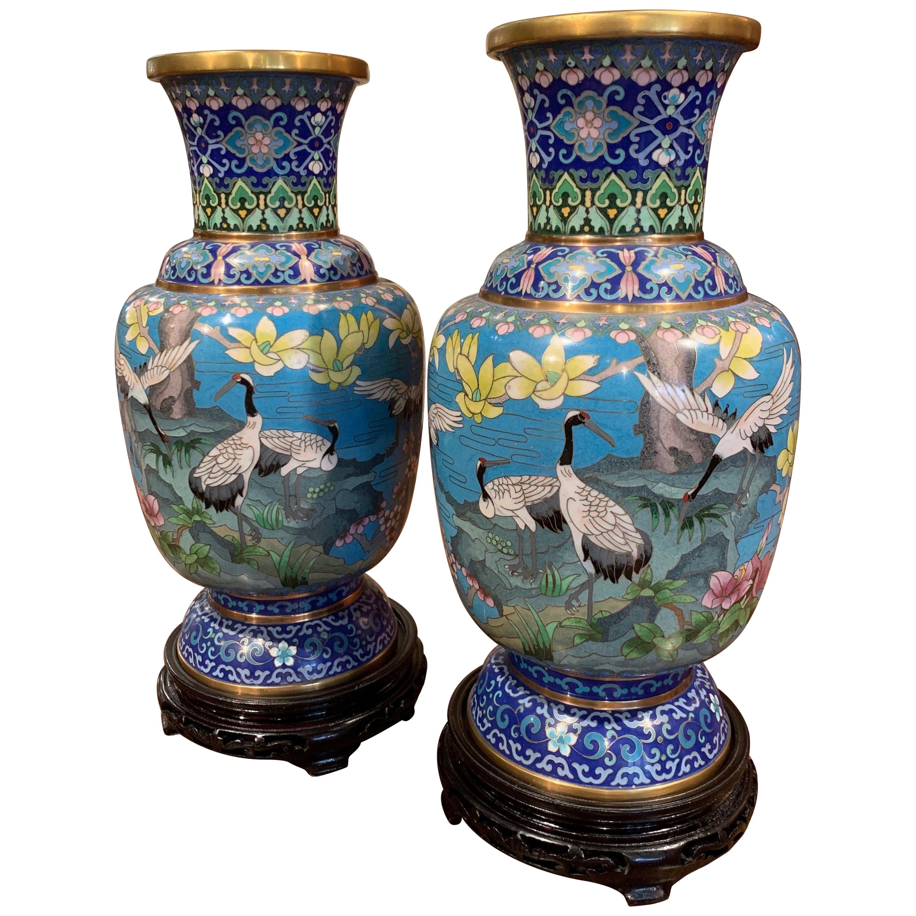 Pair of 20th Century Chinese Champlevé Enamel Vases on Stand with Bird Decor
