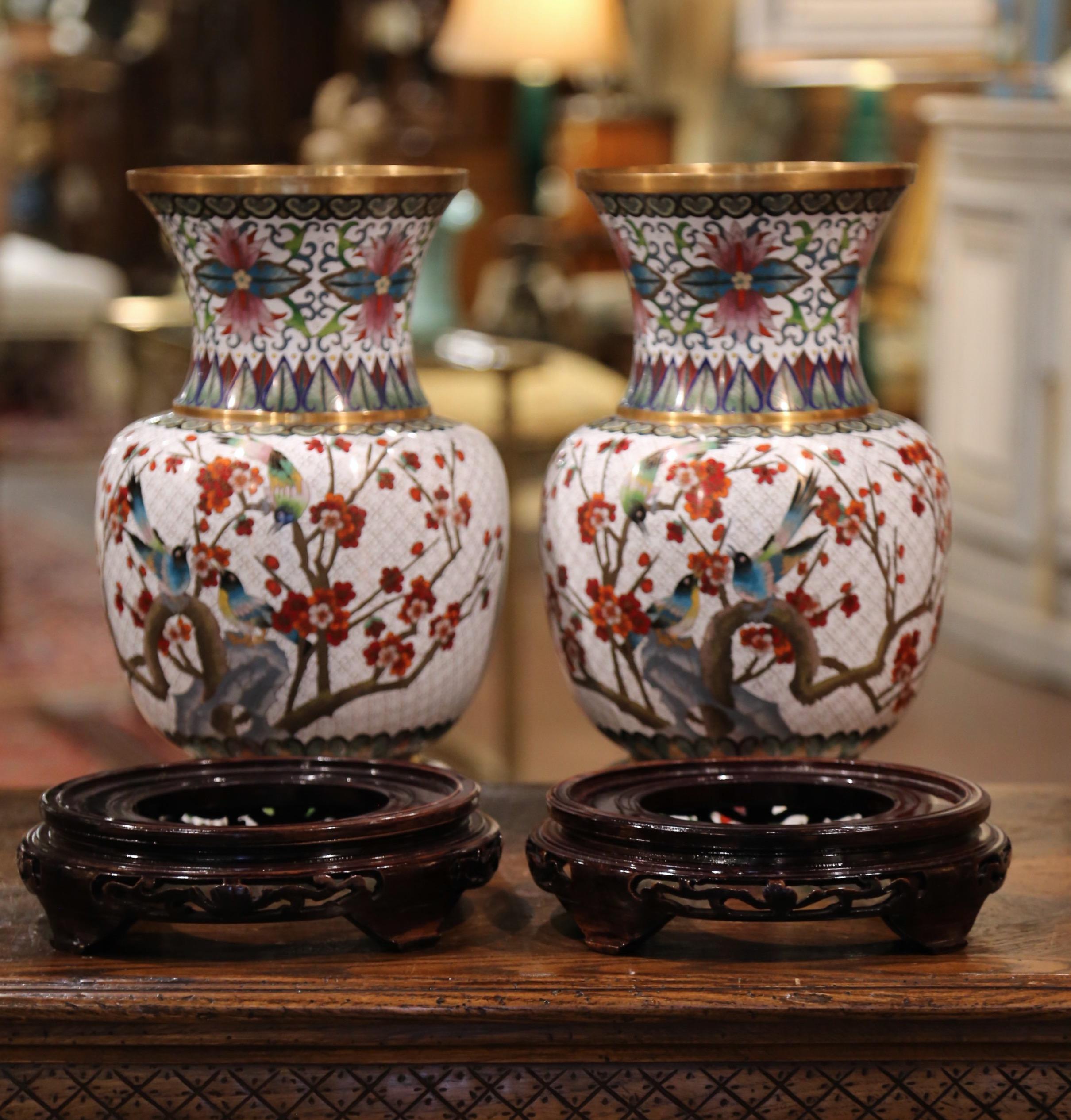 Pair of 20th Century Chinese Cloisonné Enamel Vases on Stand with Bird Decor 7