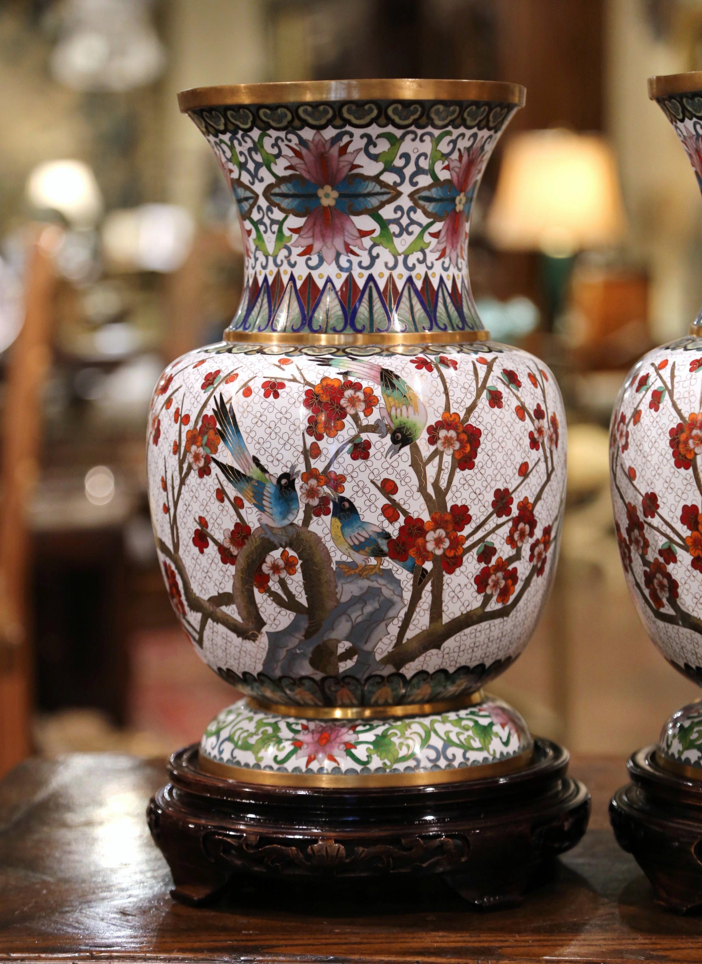 Cloissoné Pair of 20th Century Chinese Cloisonné Enamel Vases on Stand with Bird Decor