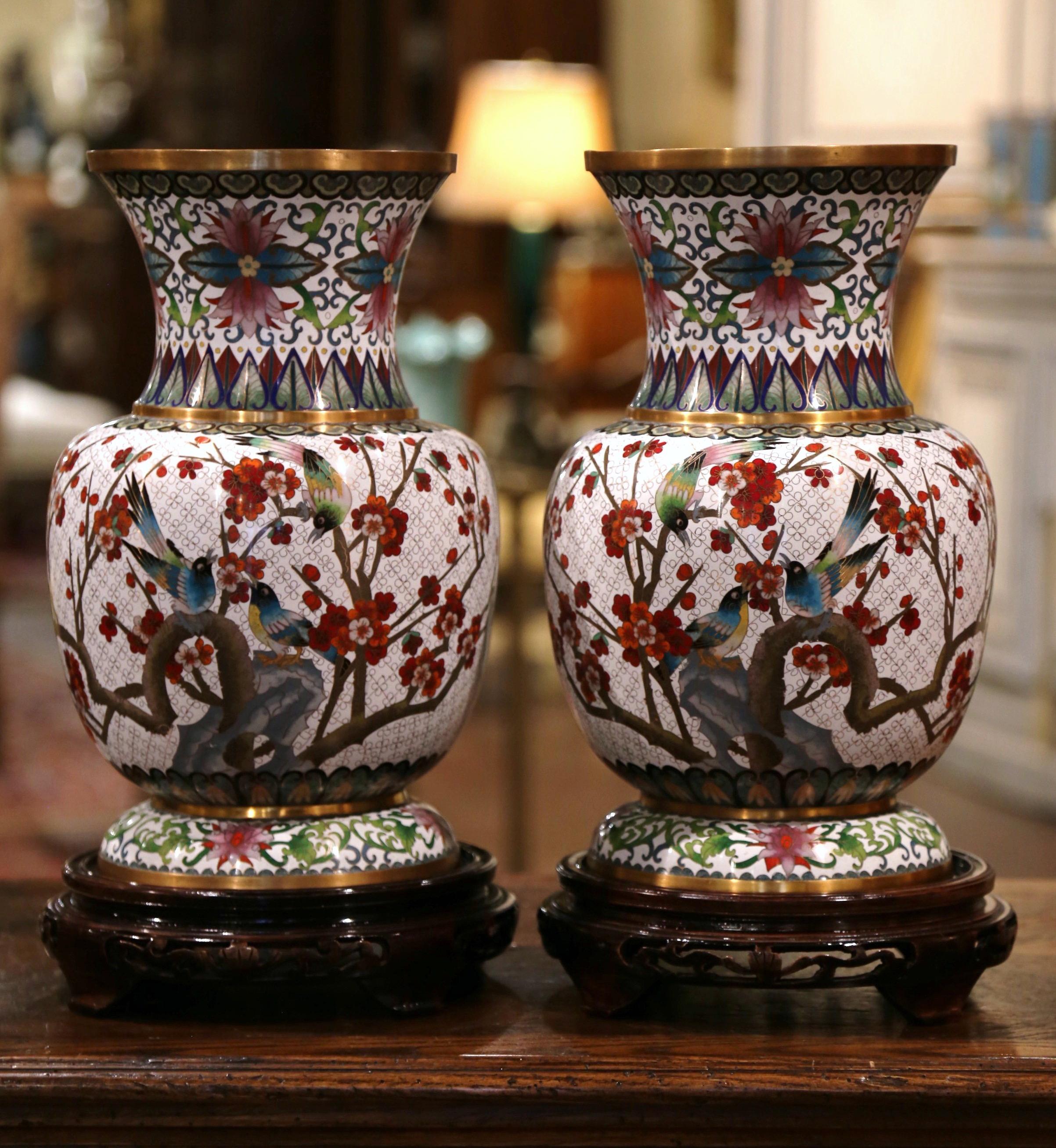 Brass Pair of 20th Century Chinese Cloisonné Enamel Vases on Stand with Bird Decor
