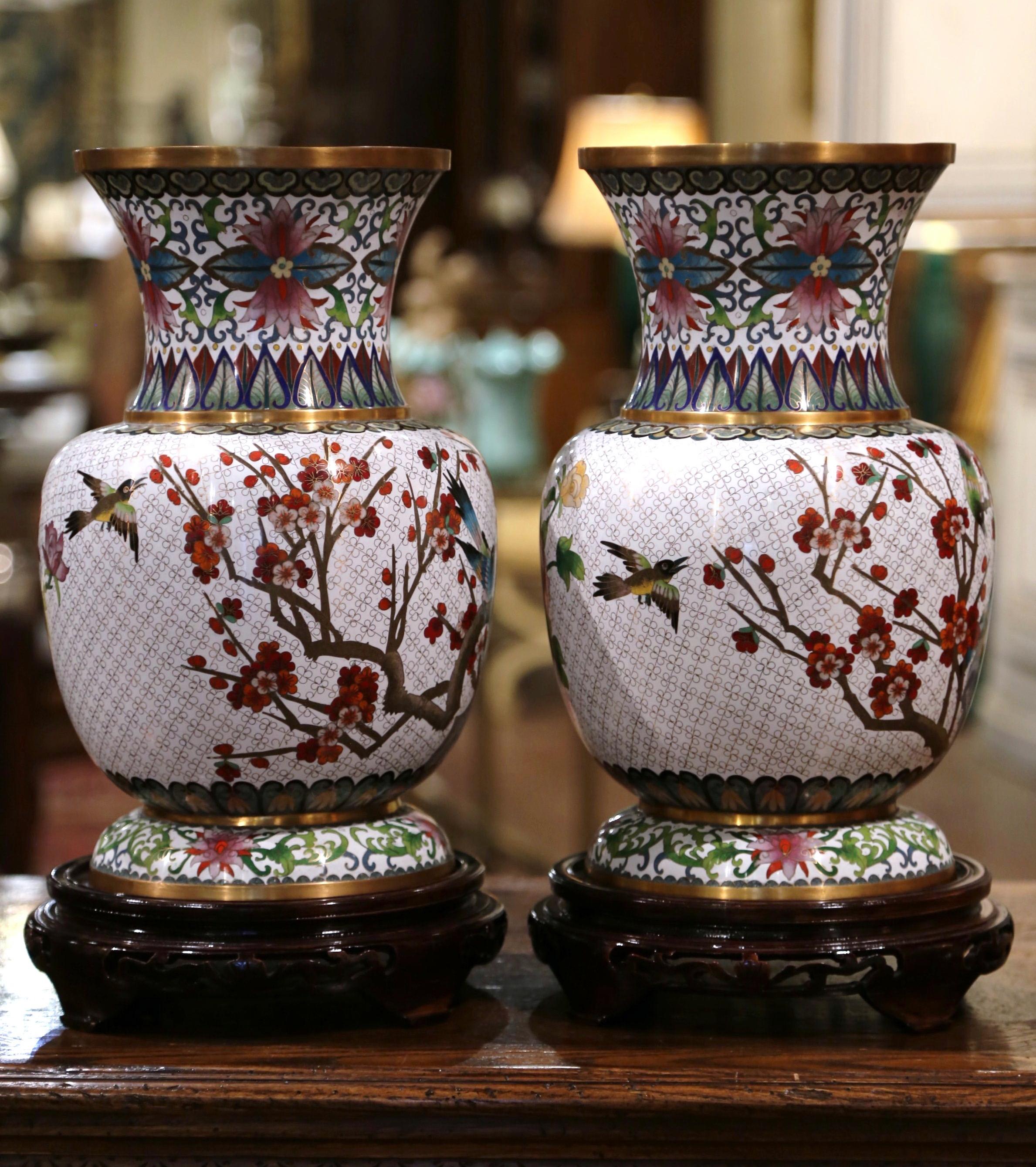 Pair of 20th Century Chinese Cloisonné Enamel Vases on Stand with Bird Decor 1
