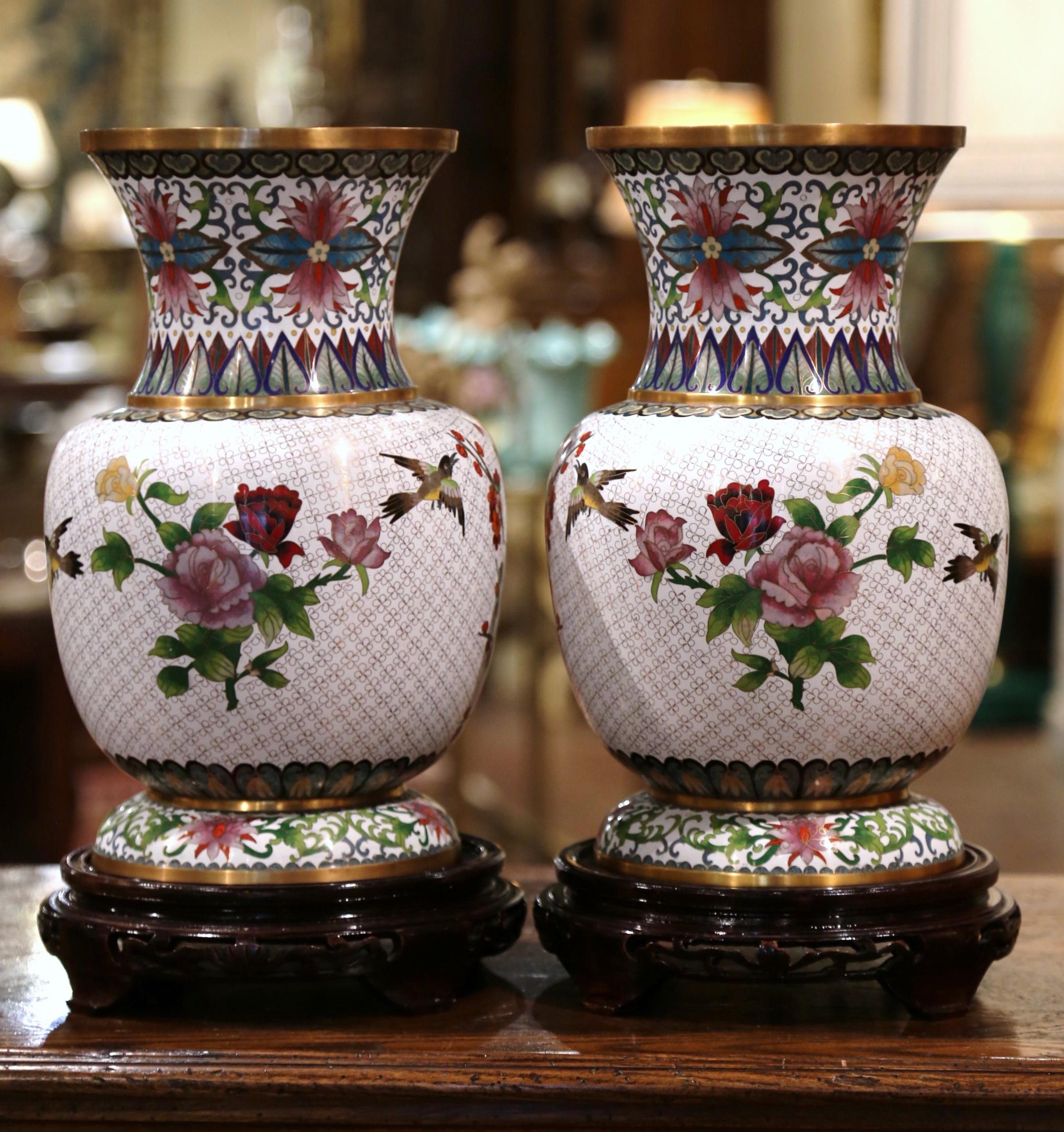 Pair of 20th Century Chinese Cloisonné Enamel Vases on Stand with Bird Decor 2