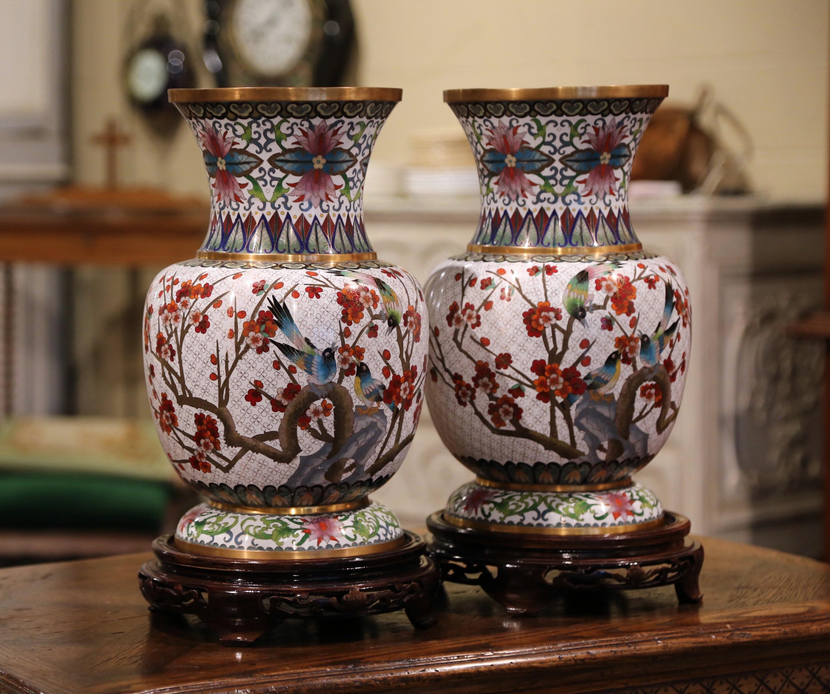 Pair of 20th Century Chinese Cloisonné Enamel Vases on Stand with Bird Decor 3