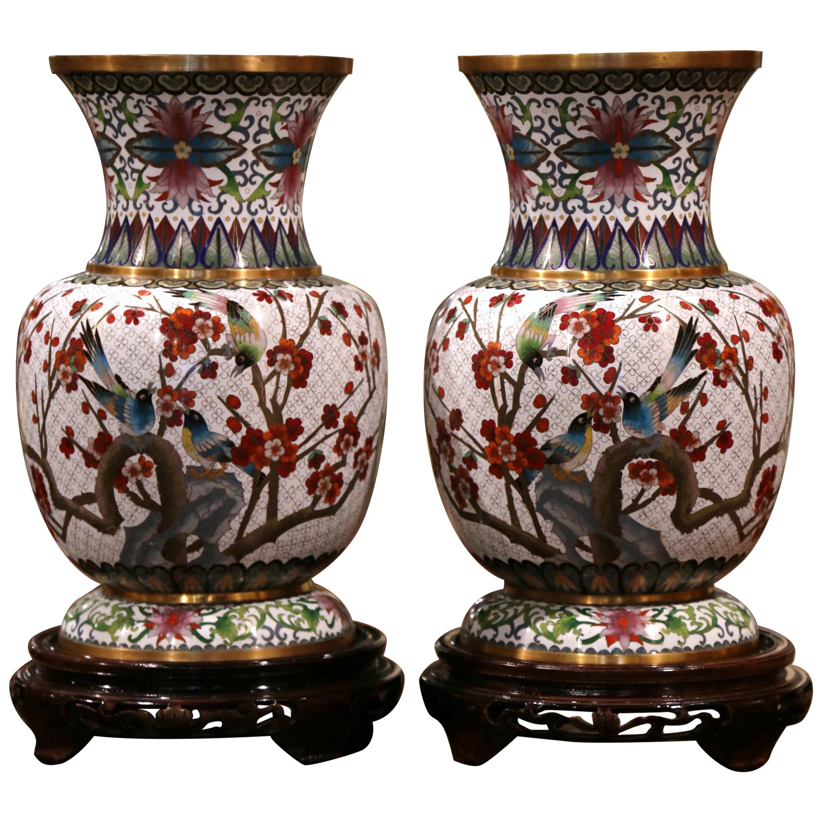 Pair of 20th Century Chinese Cloisonné Enamel Vases on Stand with Bird Decor