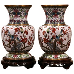 Vintage Pair of 20th Century Chinese Cloisonné Enamel Vases on Stand with Bird Decor