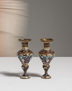 Pair of 20th Century Chinese Cloisonné Vases in Blue, Red, and White