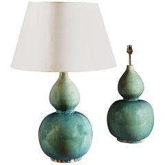 Pair of 20th Century Chinese Double Gourd Celadon Glaze Vases as Table Lamps