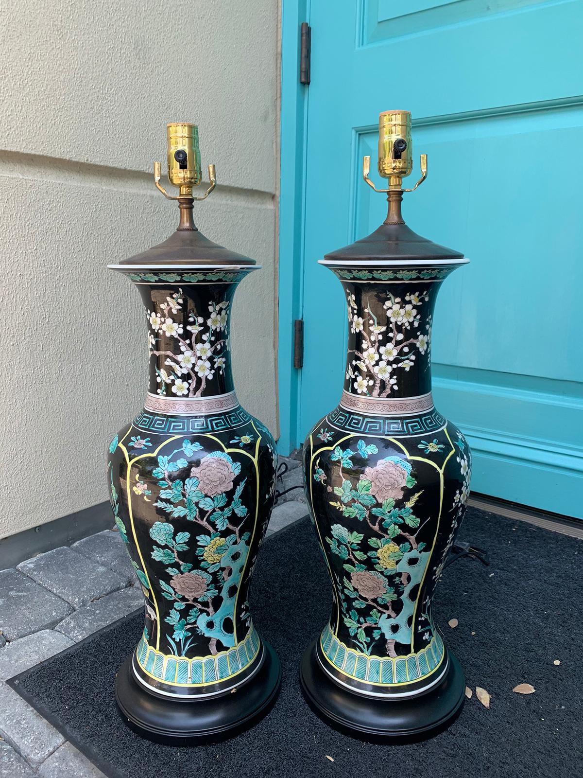 Pair of 20th century Chinese Famille noir porcelain lamps
New wiring.