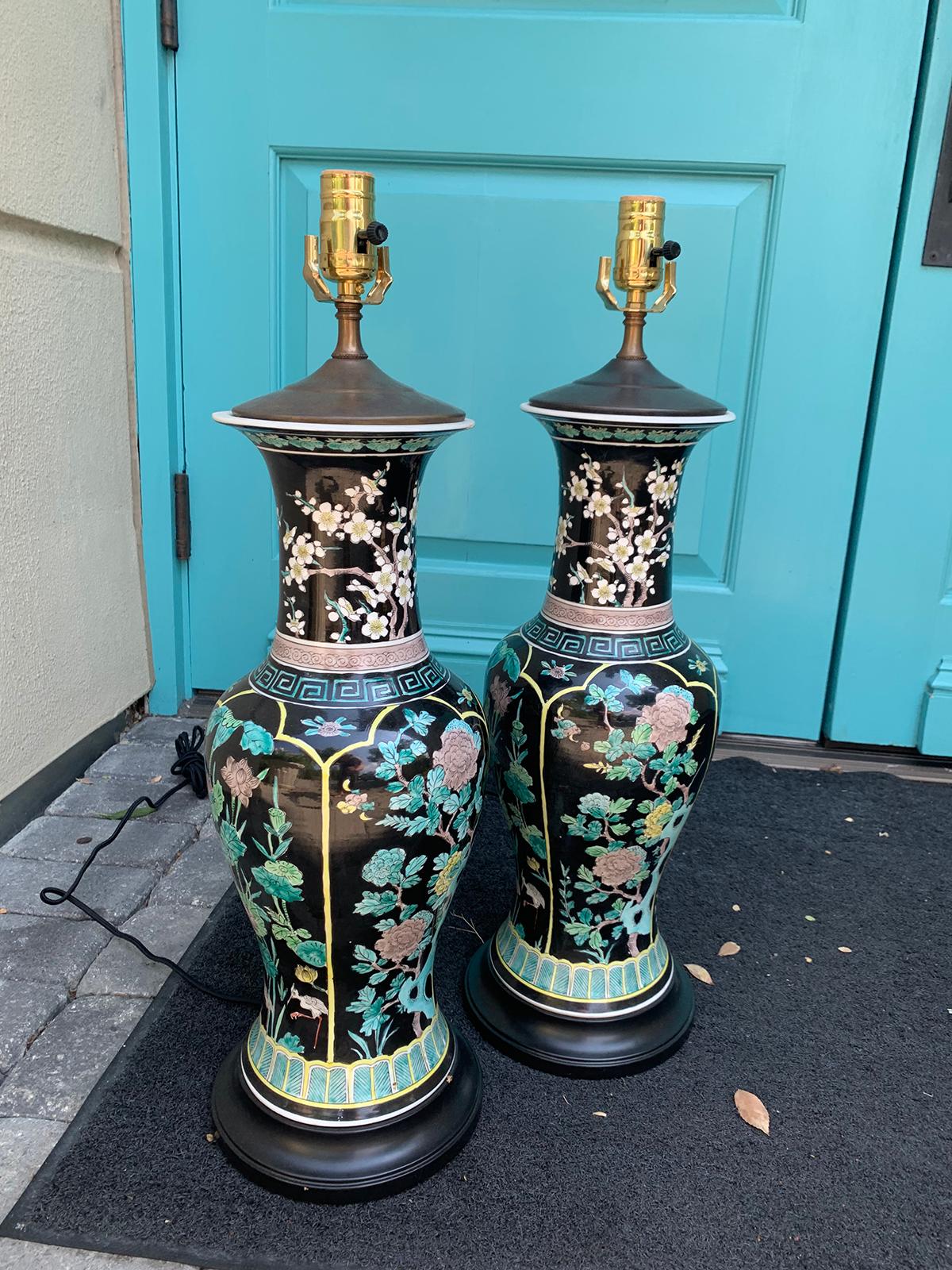Pair of 20th Century Chinese Famille Noir Porcelain Lamps In Good Condition In Atlanta, GA