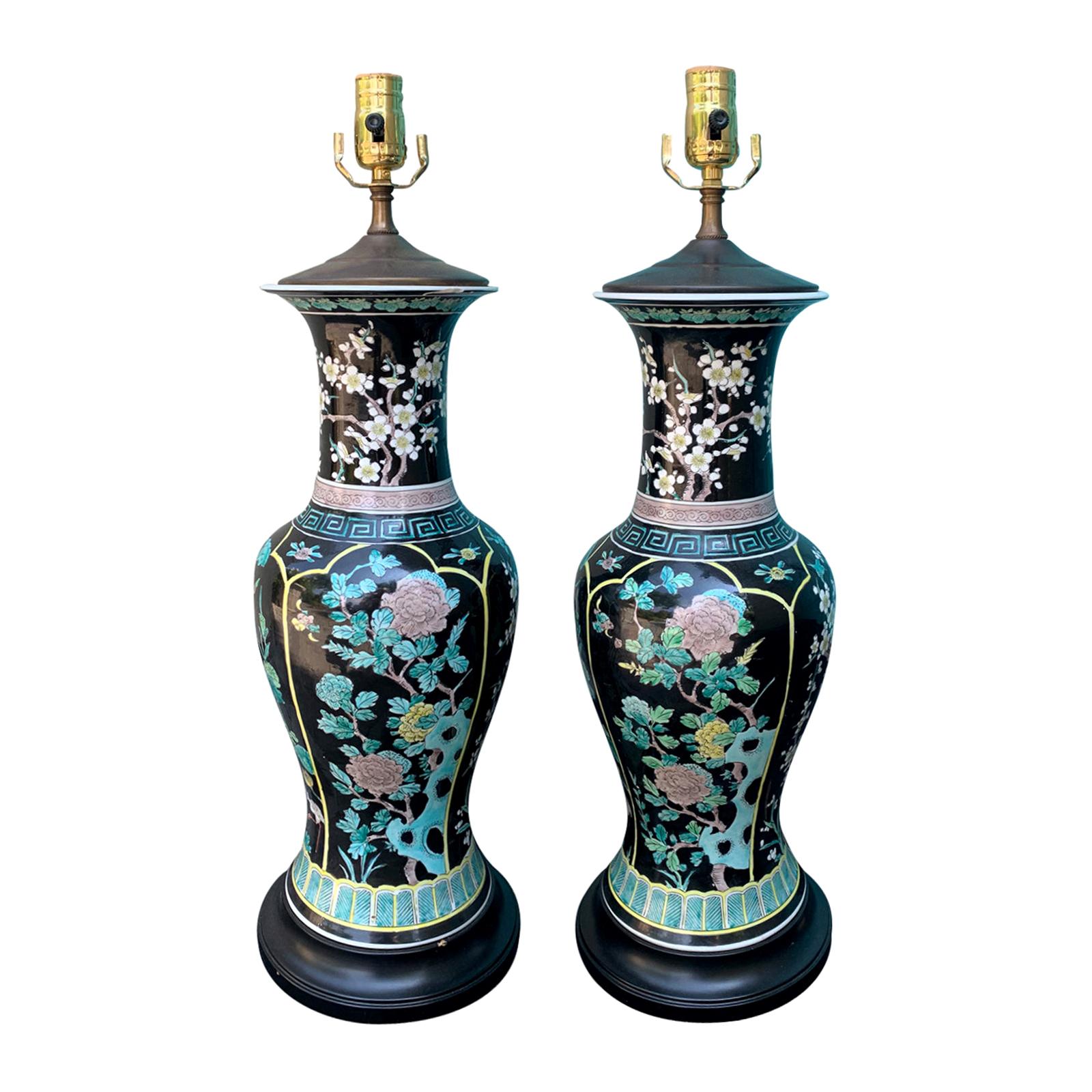 Pair of 20th Century Chinese Famille Noir Porcelain Lamps