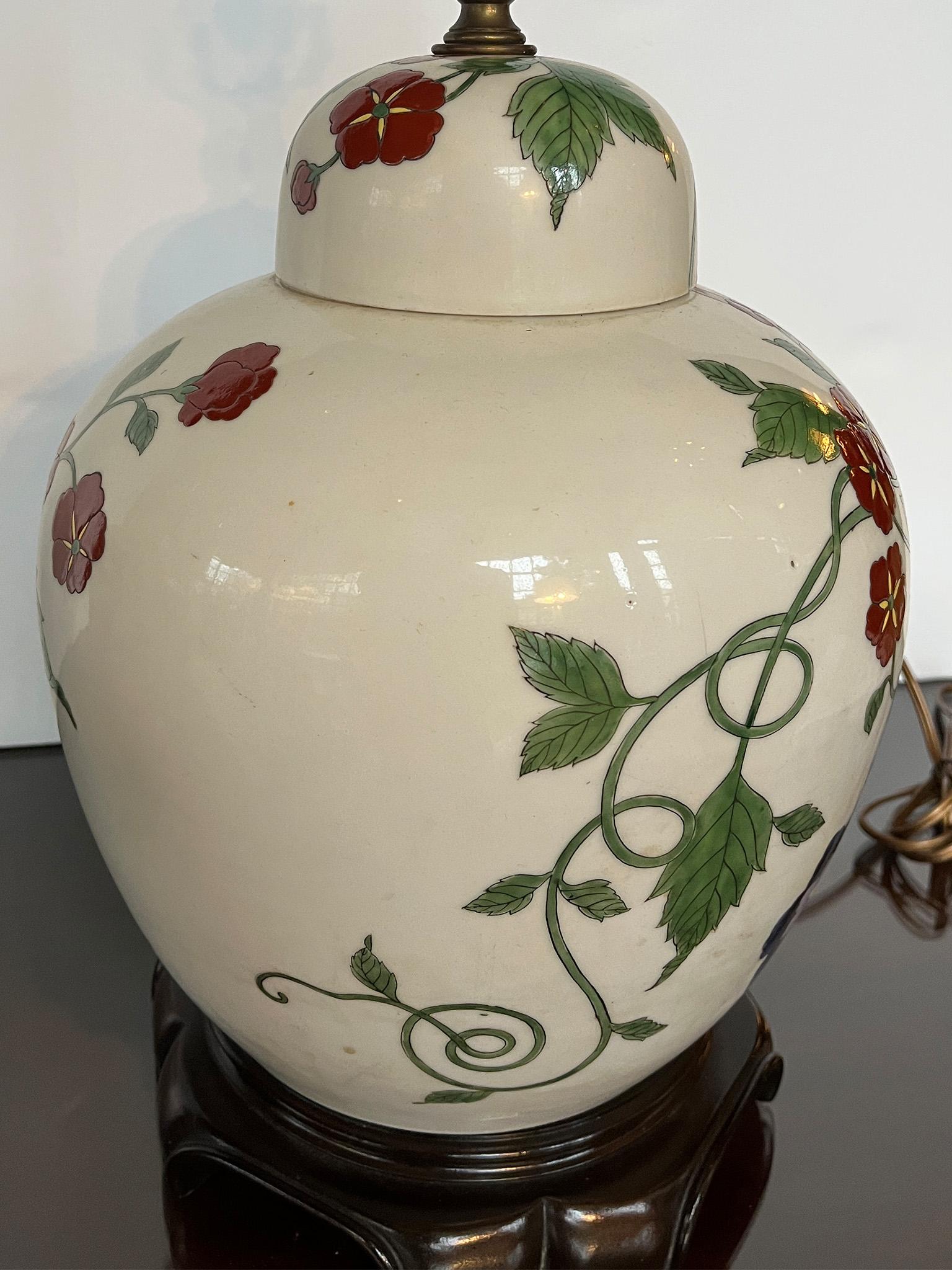 Porcelain Pair of 20th Century Chinese Ginger Jar Lamps with Birds of Paradise and Vines For Sale