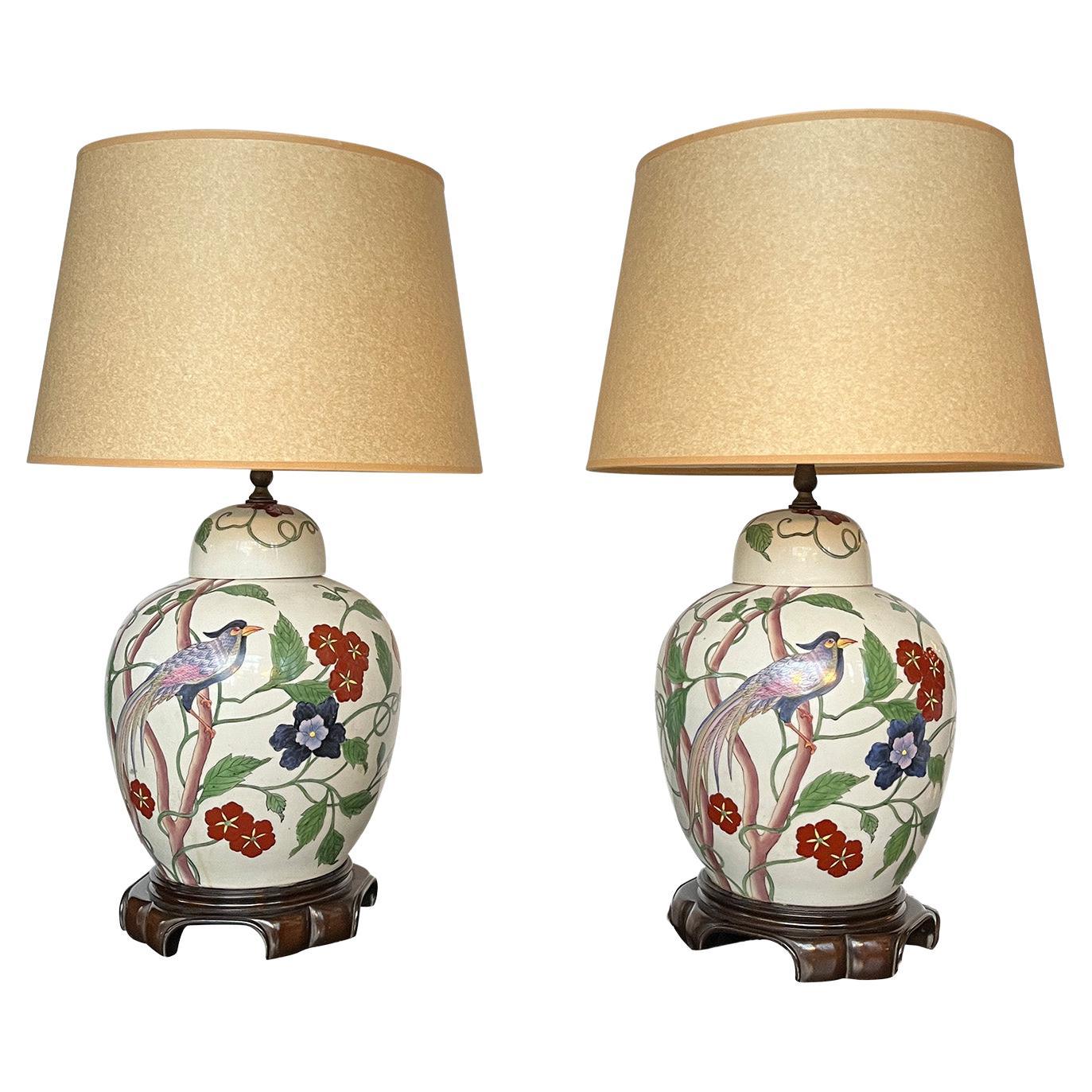Pair of 20th Century Chinese Ginger Jar Lamps with Birds of Paradise and Vines For Sale