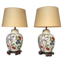 Antique Pair of 20th Century Chinese Ginger Jar Lamps with Birds of Paradise and Vines