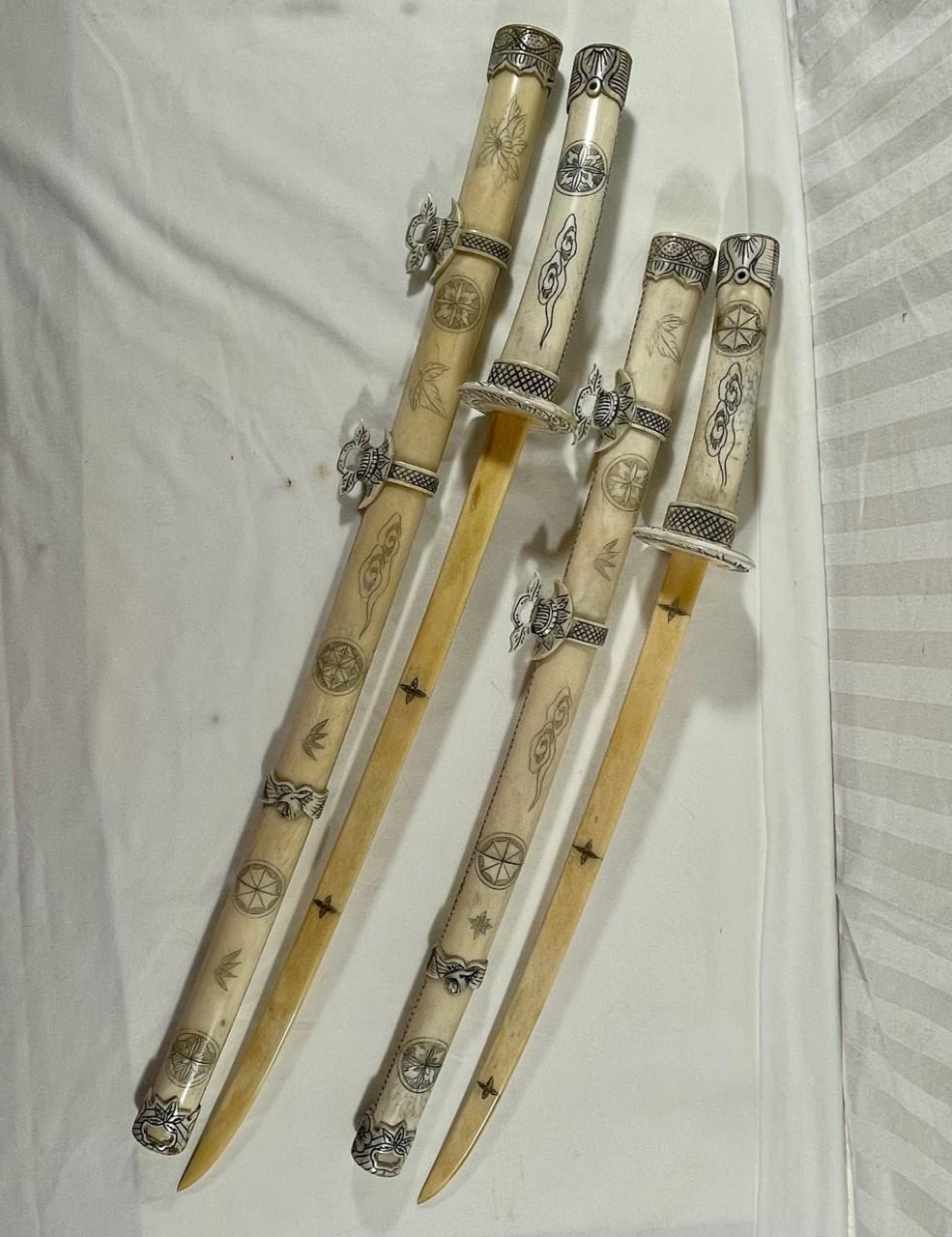 Pair of 20th Century Chinese Incised Bone Samurai Style Swords 3