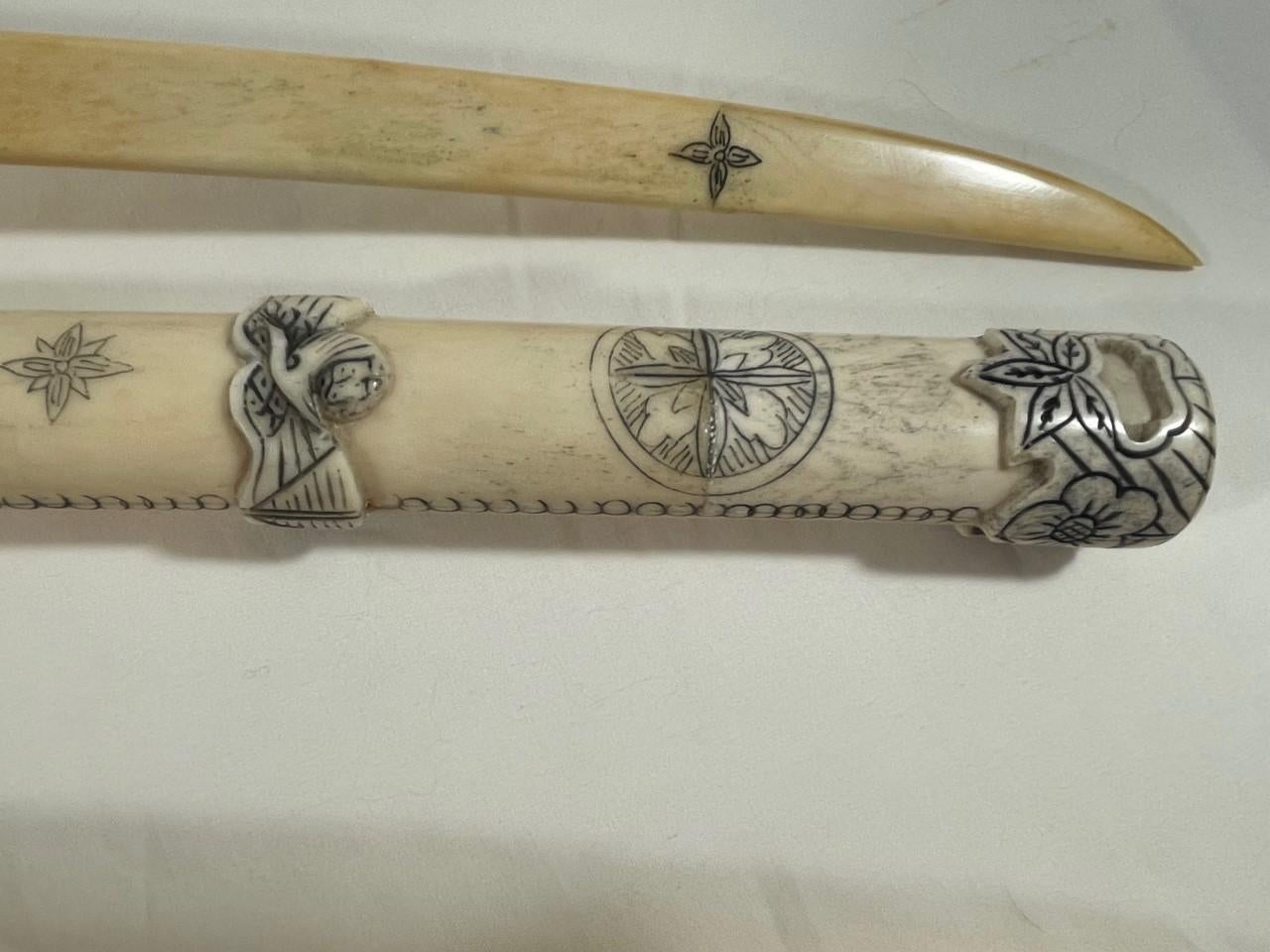 Pair of 20th Century Chinese Incised Bone Samurai Style Swords 4