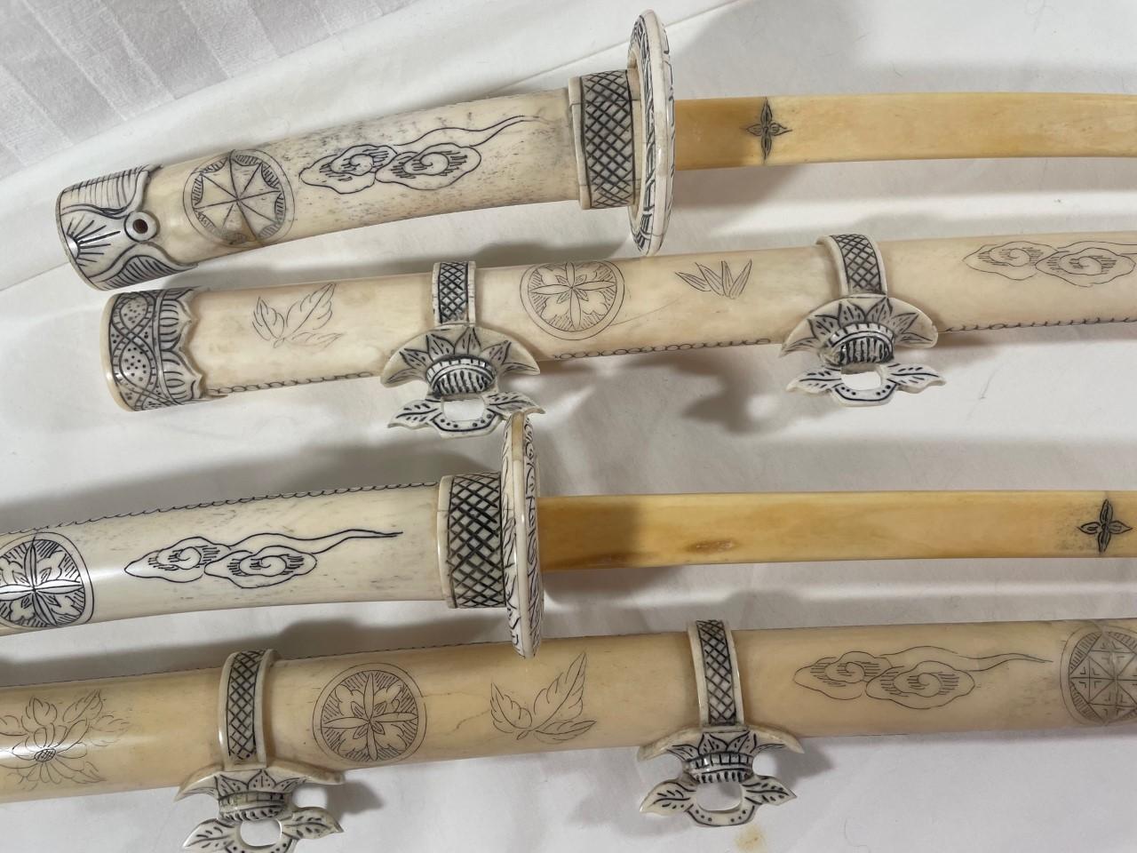 Pair of 20th Century Chinese Incised Bone Samurai Style Swords 6