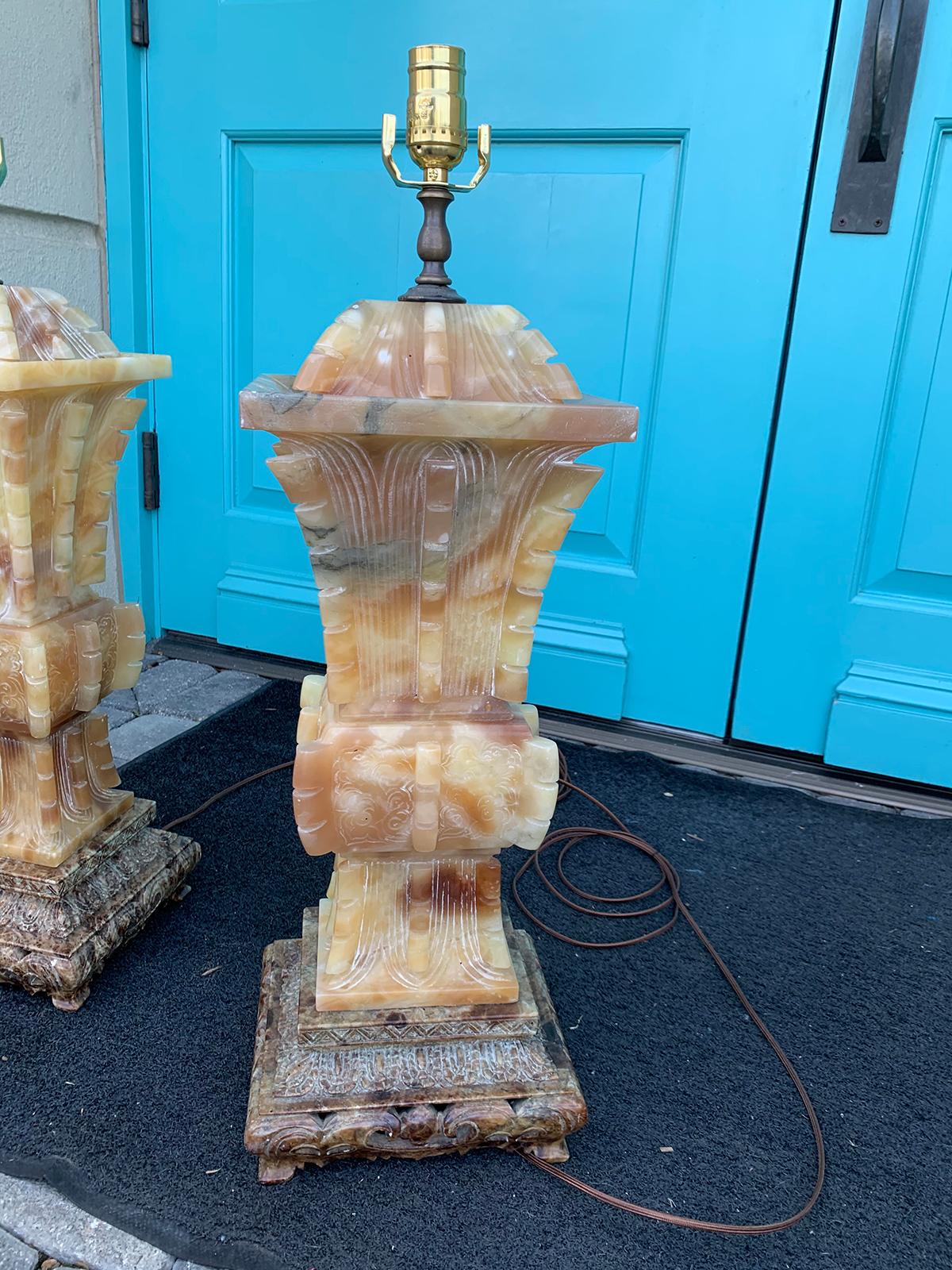 Pair of 20th Century Chinese Soapstone Fanggu-Form Archaistic Style Urn Lamps 7