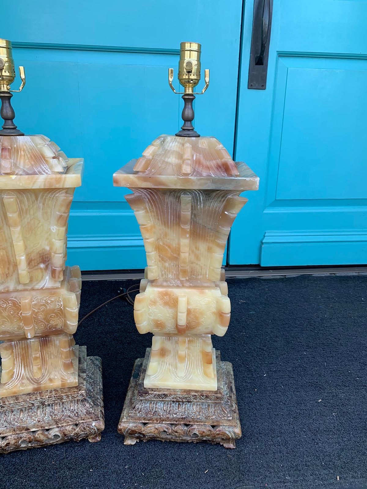Pair of 20th Century Chinese Soapstone Fanggu-Form Archaistic Style Urn Lamps 10