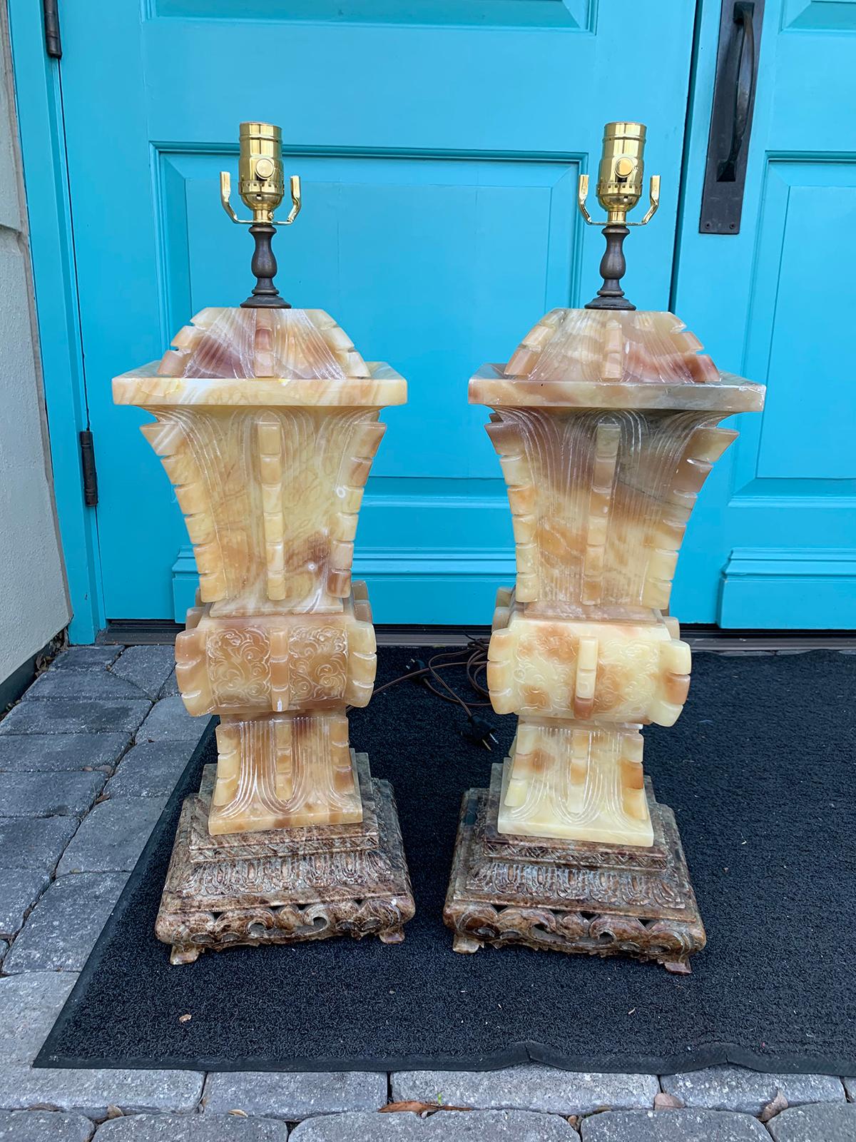 Large scale pair of 20th century Chinese soapstone Fanggu-form archaistic style urn lamps
brand new wiring.