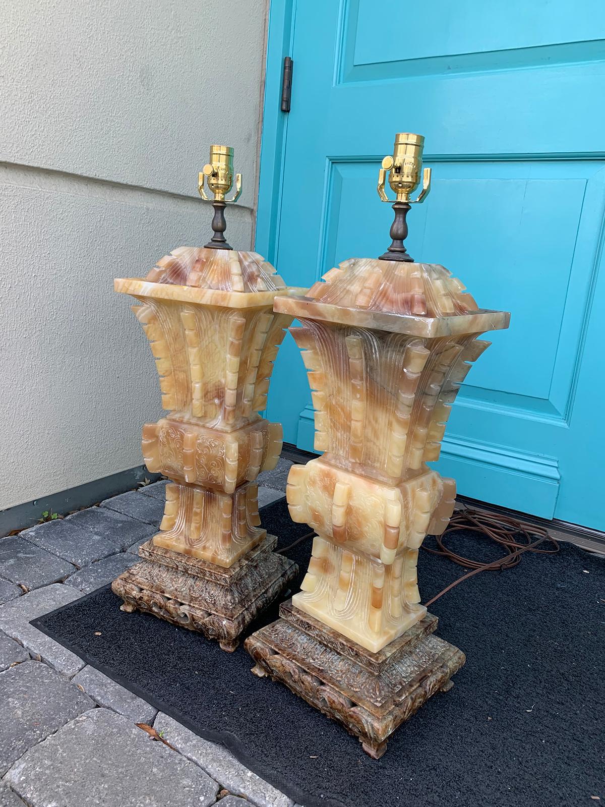 Pair of 20th Century Chinese Soapstone Fanggu-Form Archaistic Style Urn Lamps In Good Condition In Atlanta, GA