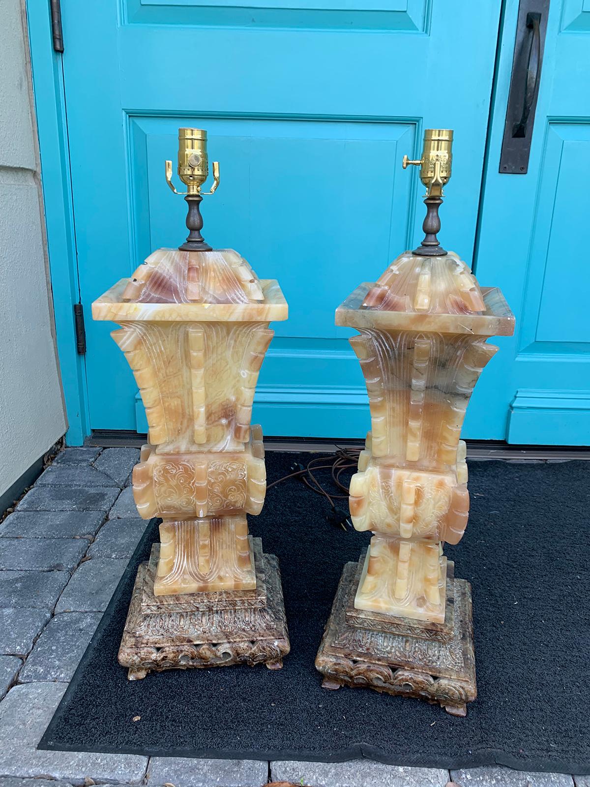 Pair of 20th Century Chinese Soapstone Fanggu-Form Archaistic Style Urn Lamps 1