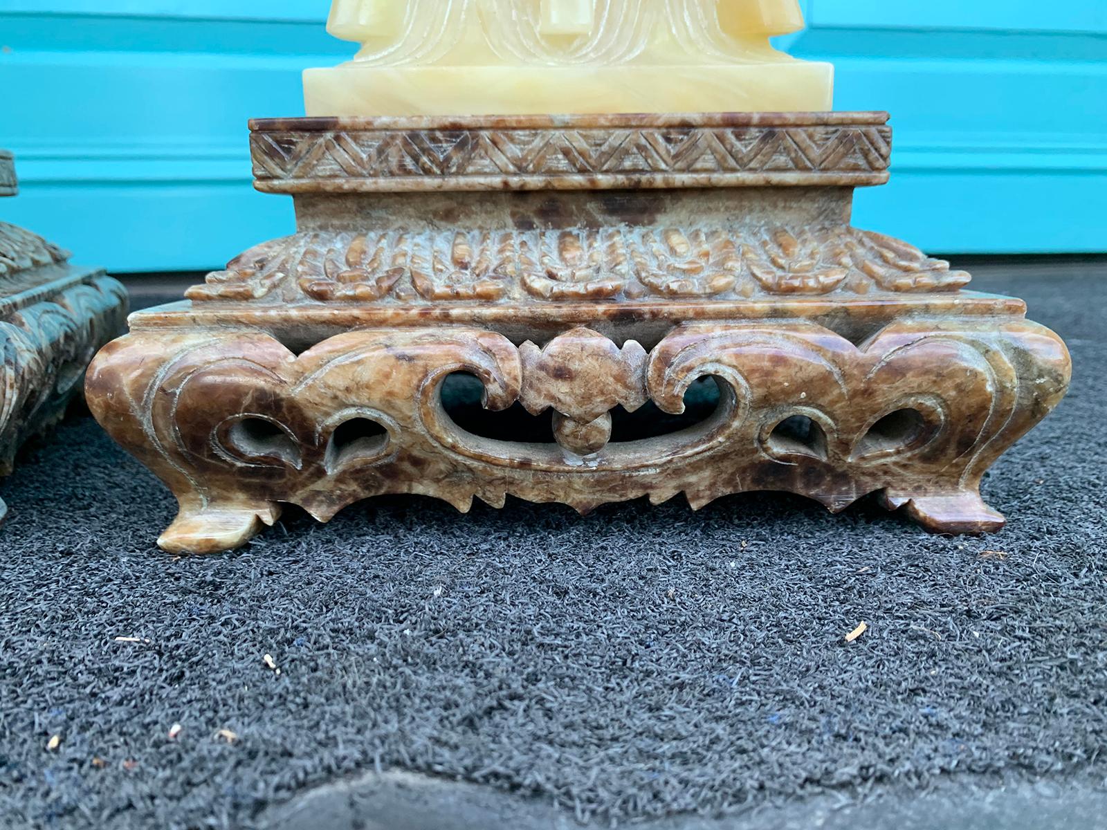 Pair of 20th Century Chinese Soapstone Fanggu-Form Archaistic Style Urn Lamps 5