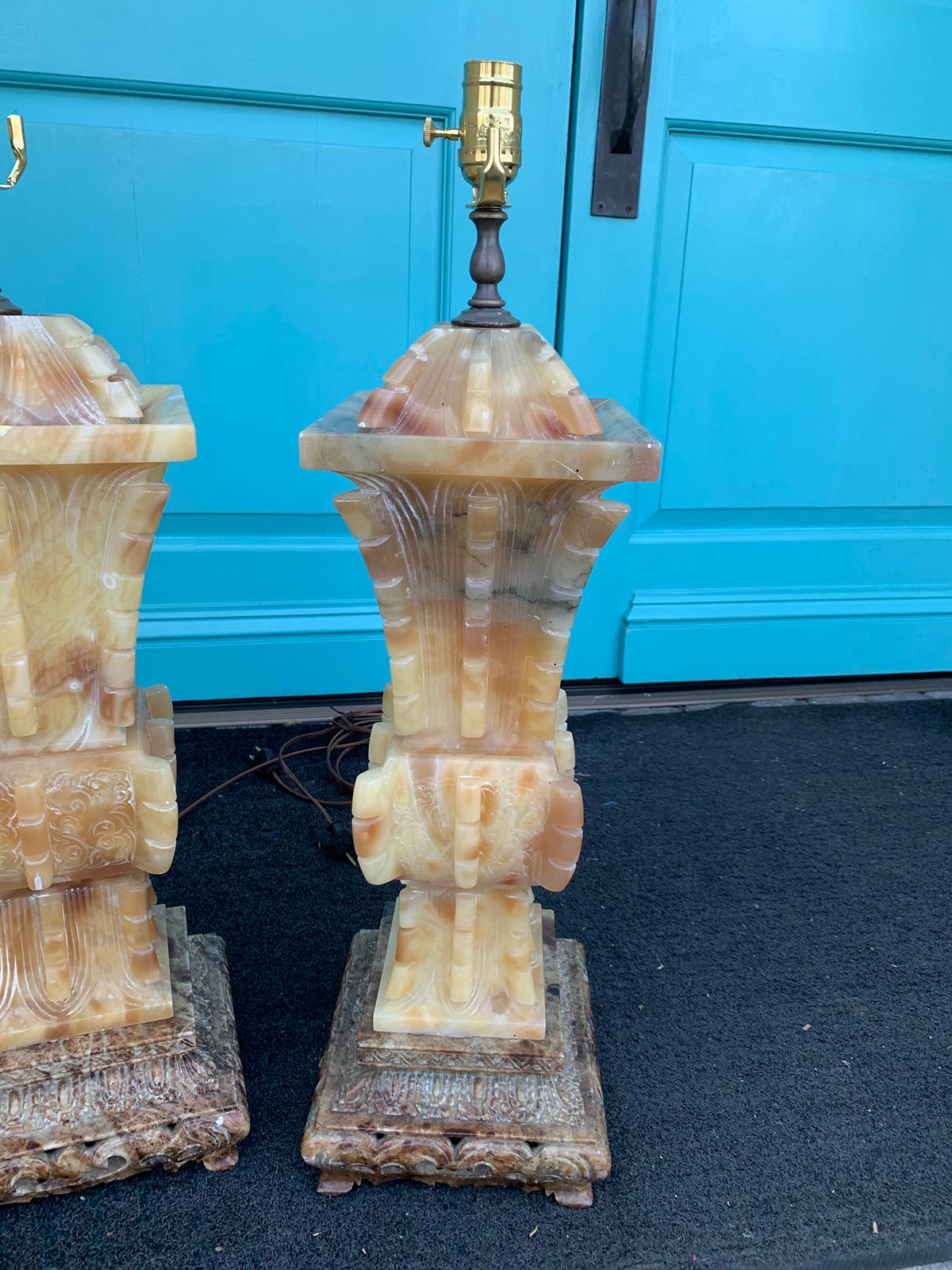 Pair of 20th Century Chinese Soapstone Fanggu-Form Archaistic Style Urn Lamps 6