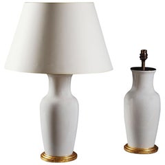Pair of 20th Century Chinese White Craquele Vases as Table Lamps, Giltwood Bases Pair of 20th Century Chinese White Craquele Vases as Table Lamps, Giltwood Bases