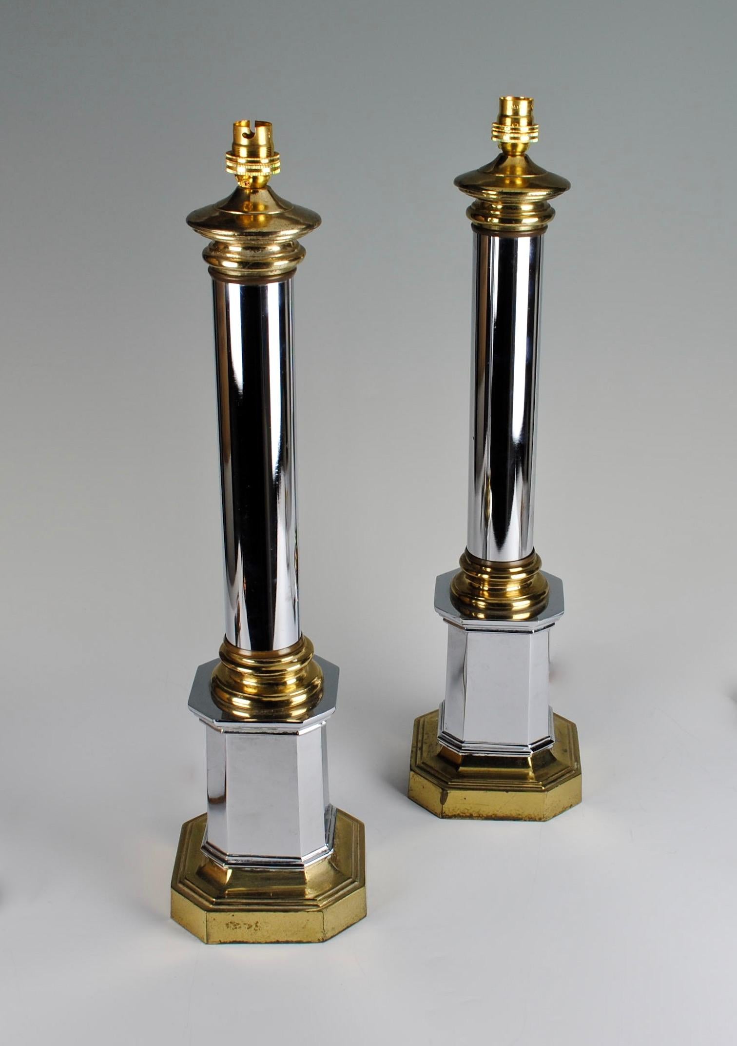 English Pair of 20th Century Chrome Column Antique Table Lamps For Sale