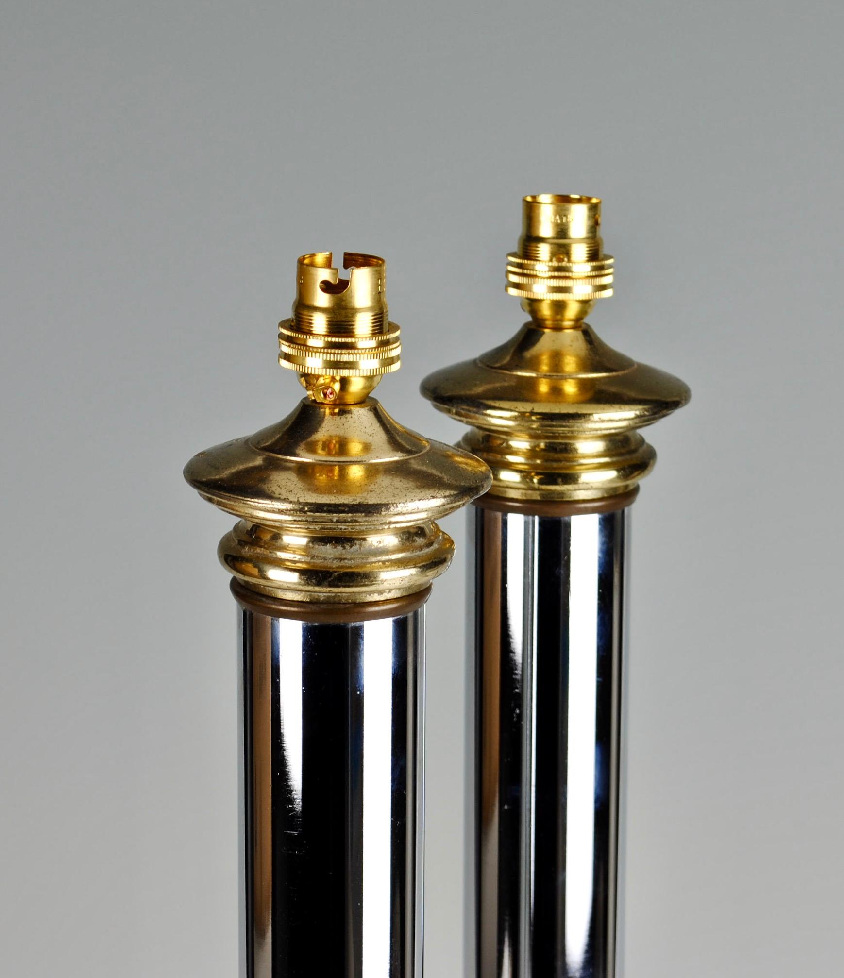 Pair of 20th Century Chrome Column Antique Table Lamps In Good Condition For Sale In London, GB