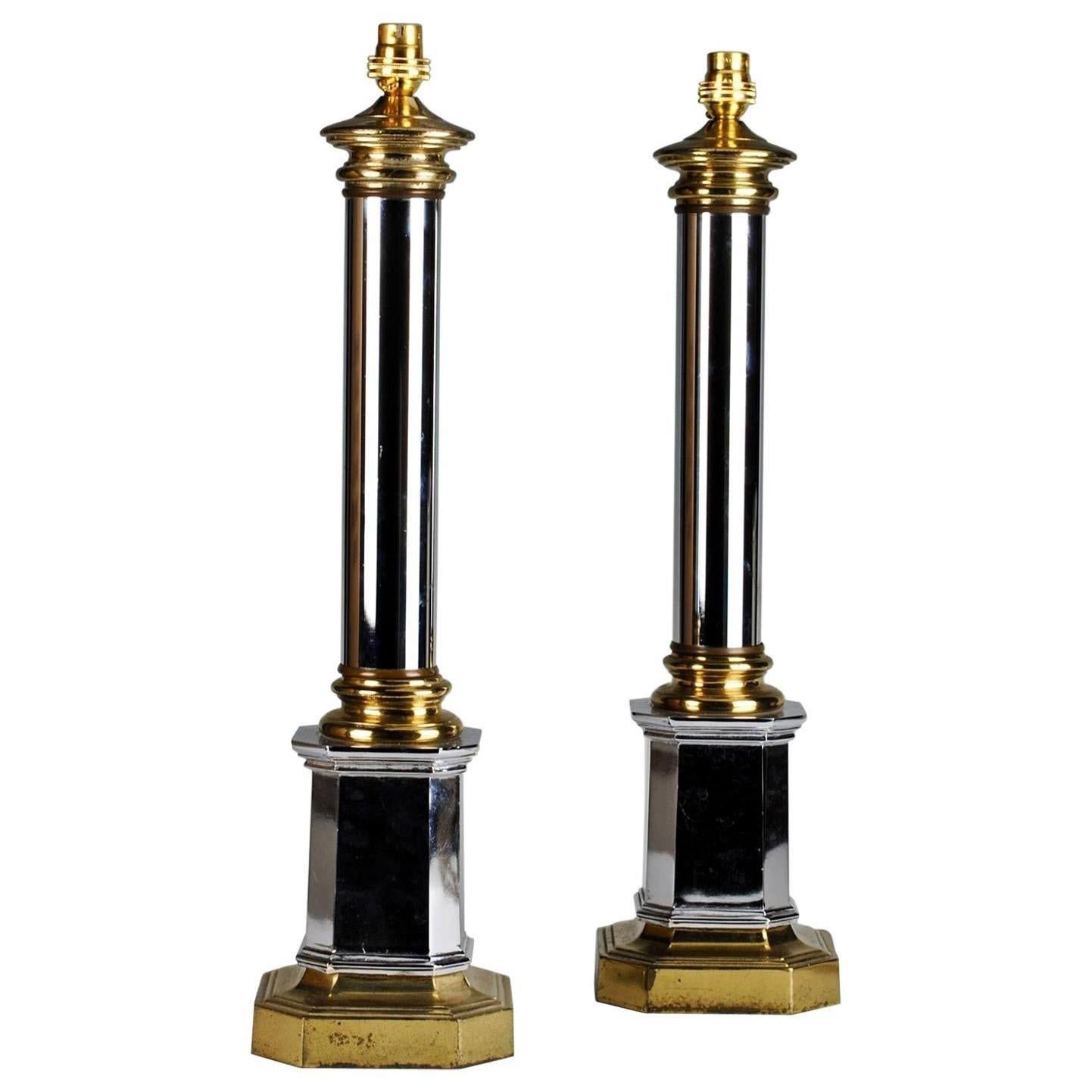 Pair of 20th Century Chrome Column Antique Table Lamps For Sale