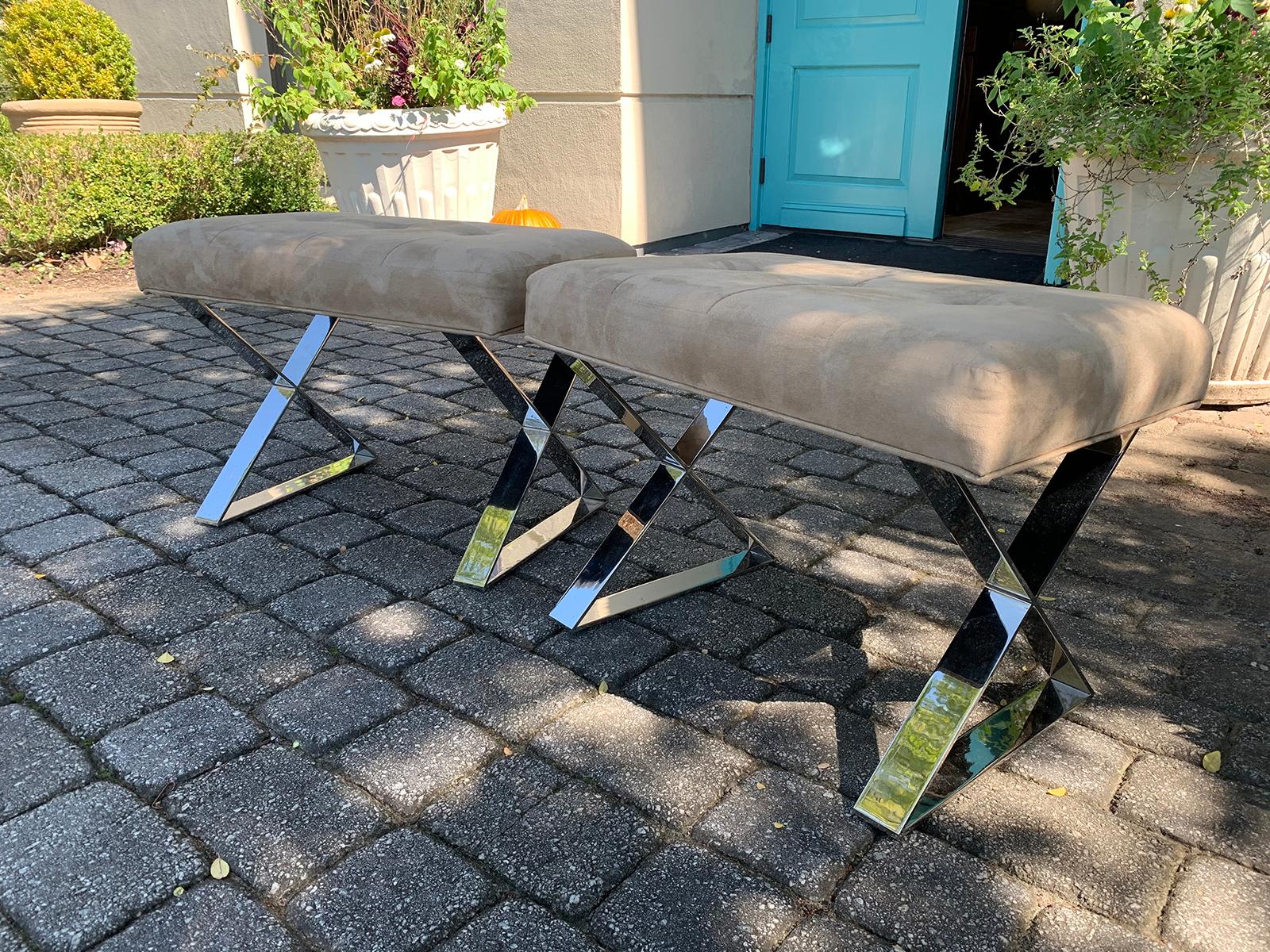 Pair of 20th Century Chrome X Benches, Suede Seats in the Style of Milo Baughman In Good Condition For Sale In Atlanta, GA