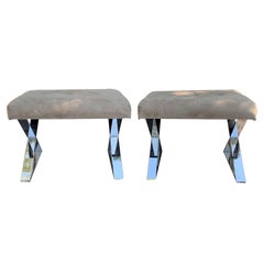 Pair of 20th Century Chrome X Benches, Suede Seats in the Style of Milo Baughman