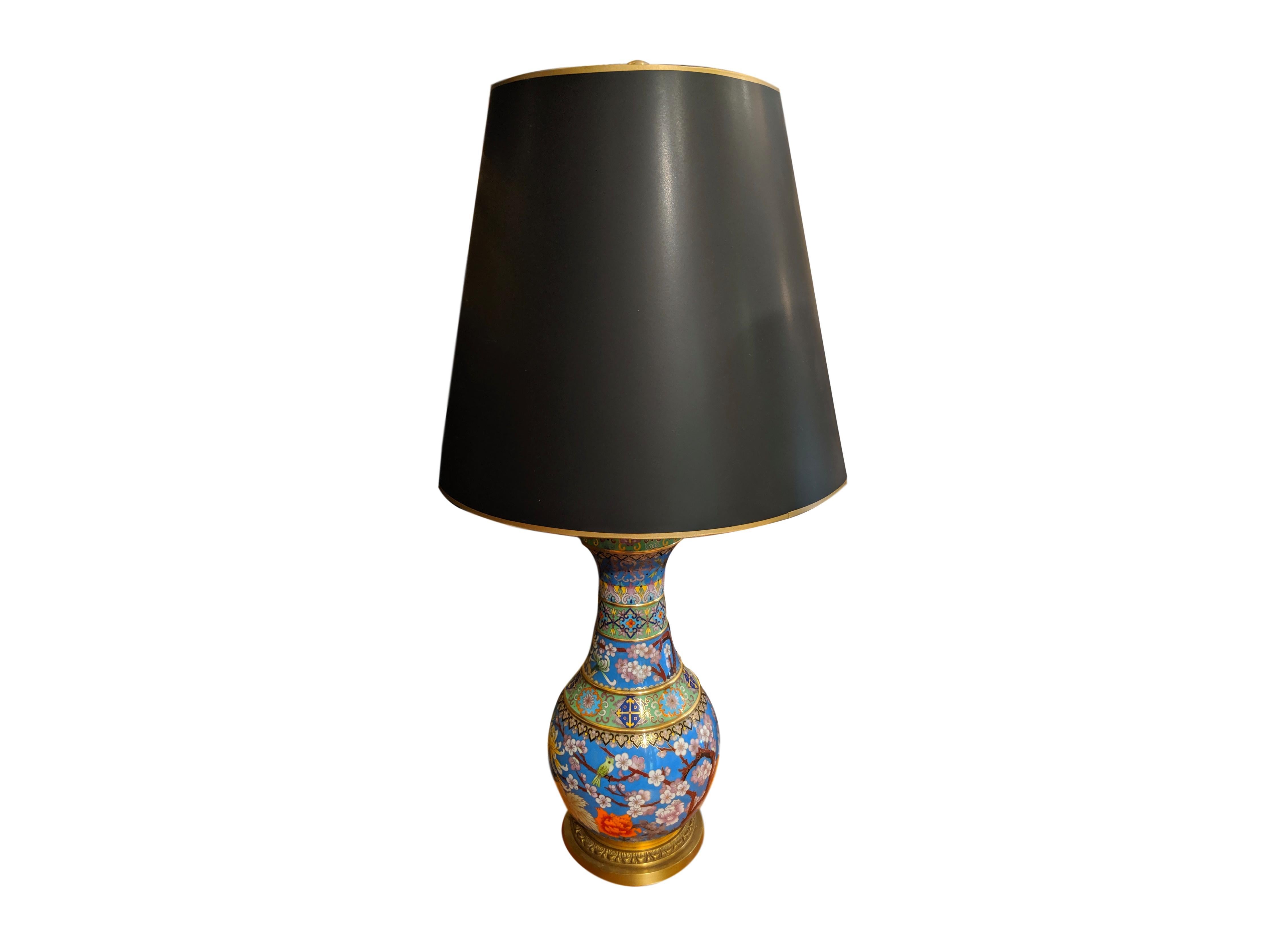 English Pair of 20th Century Cloisonné Vases Converted to Lamps