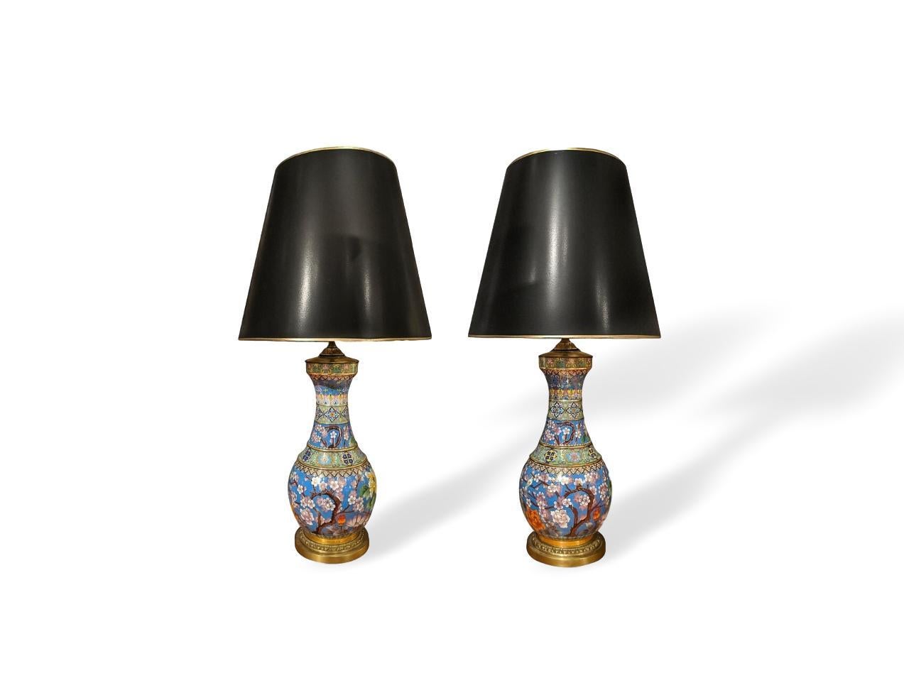 20th century Cloisonne vases converted to lamps by Summer Hour Lamps of Charlotte. Enamel on bronze and fired.