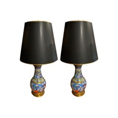 Vintage Pair of 20th Century Cloisonné Vases Converted to Lamps