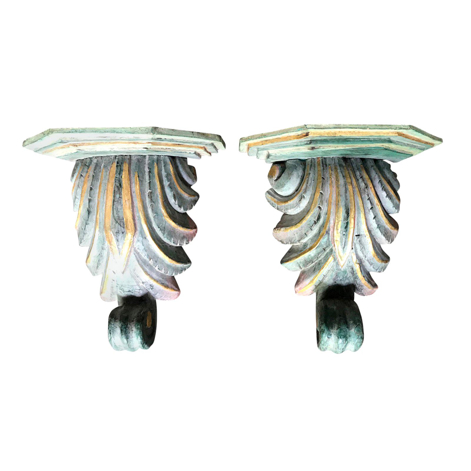 Pair of 20th Century Continental Carved Wood Polychrome Brackets, Gilt Detail