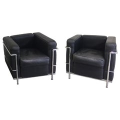 Pair of 20th Century Corbusier Style Black Leather Club Chairs
