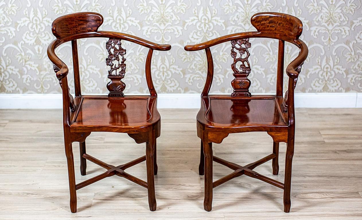 European Pair of 20th-Century Exotic Wood Corner Chairs in Varnish