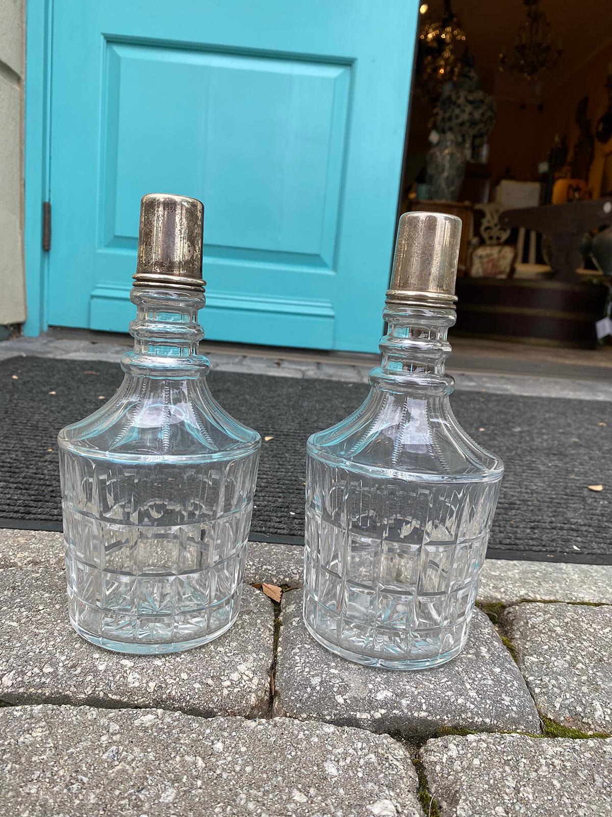 Pair of 20th Century Crystal Decanters with Sterling Tops, Possibly by Hawkes In Good Condition For Sale In Atlanta, GA