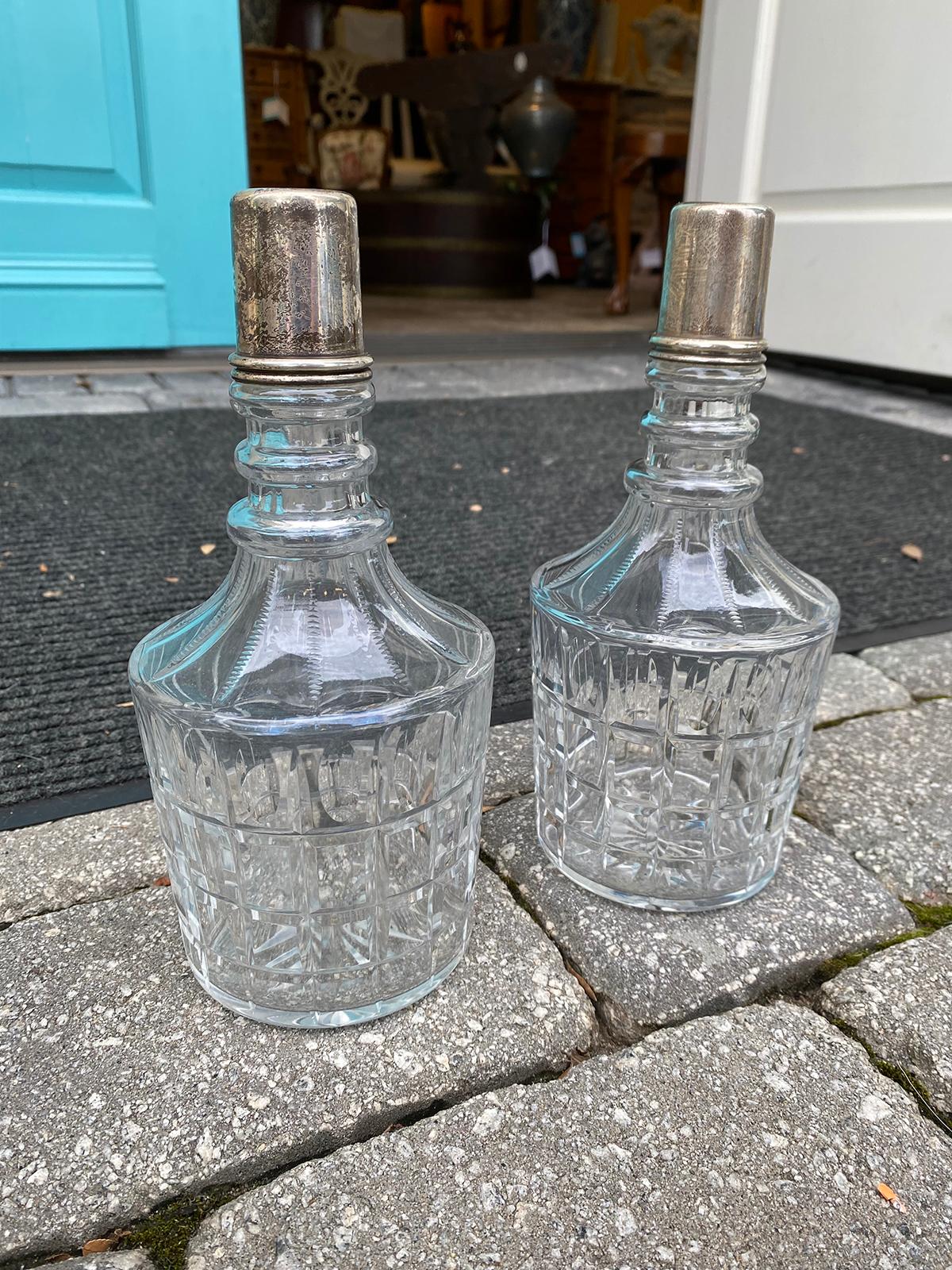 Sterling Silver Pair of 20th Century Crystal Decanters with Sterling Tops, Possibly by Hawkes For Sale